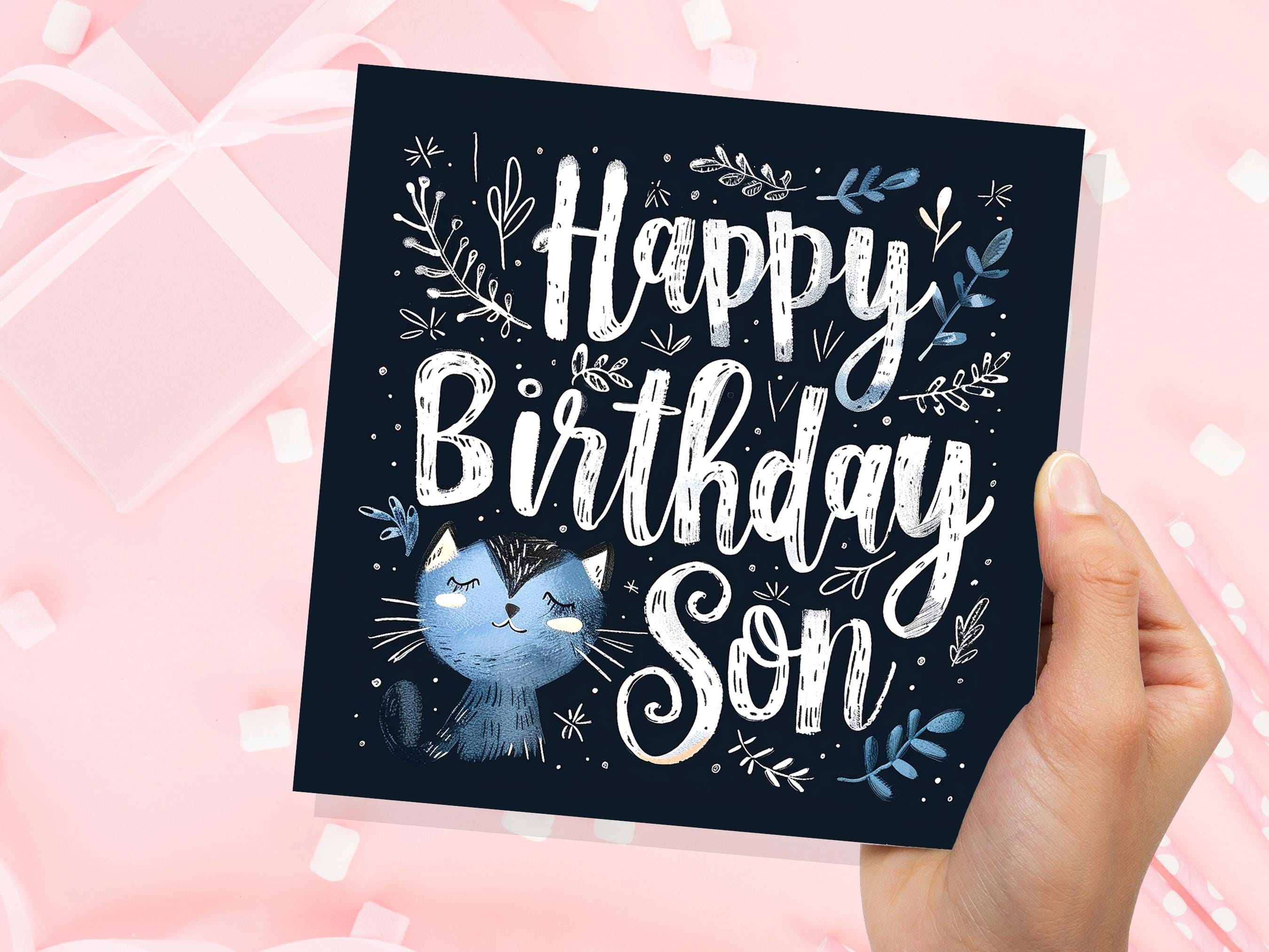 Cute Cat Birthday Greeting Card for Son Unique Handlettered Design with Blue Kitten Folk Art Style with Leaves & Branches for Cat Lovers - View 7