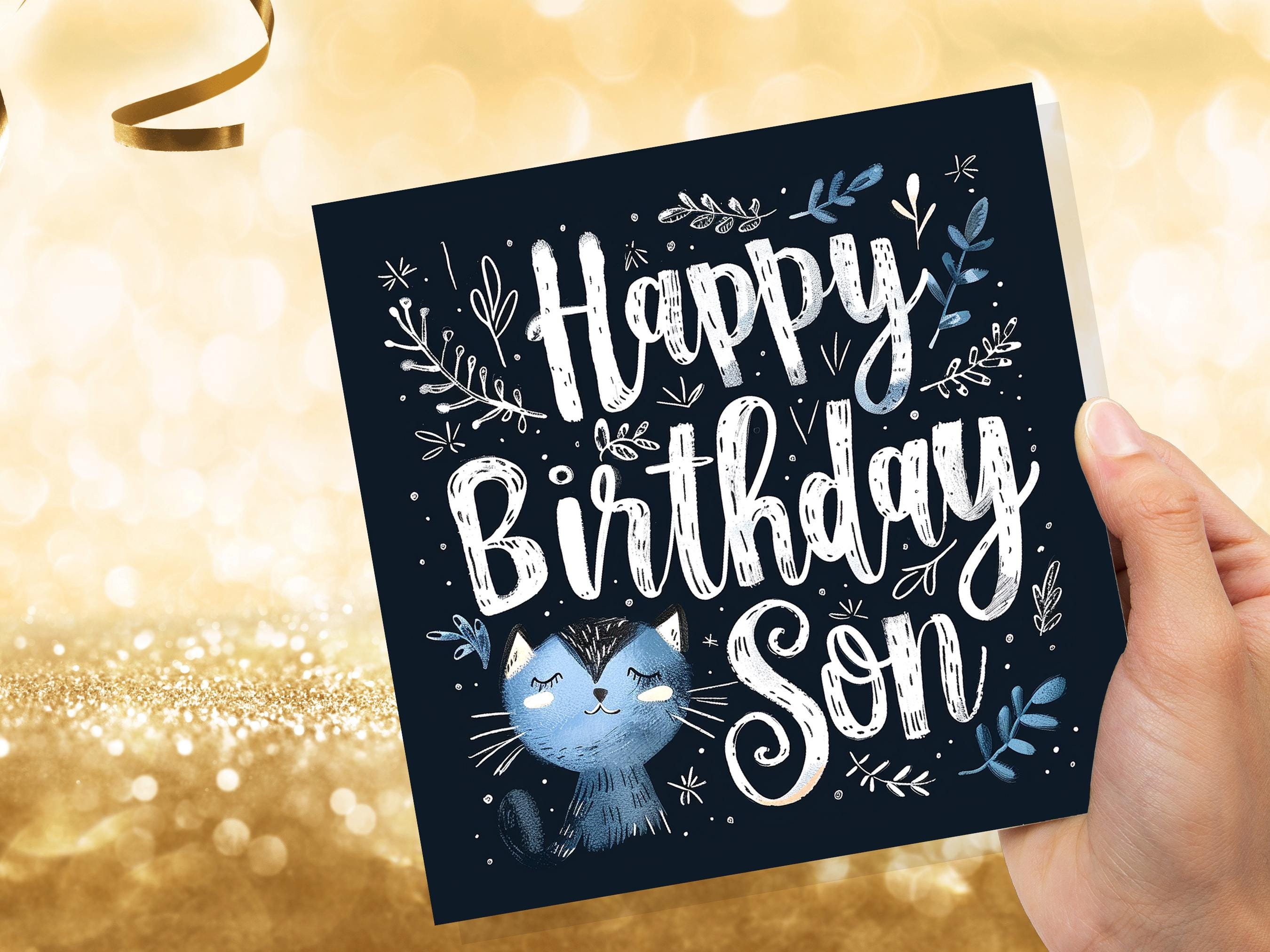 Cute Cat Birthday Greeting Card for Son Unique Handlettered Design with Blue Kitten Folk Art Style with Leaves & Branches for Cat Lovers - View 8