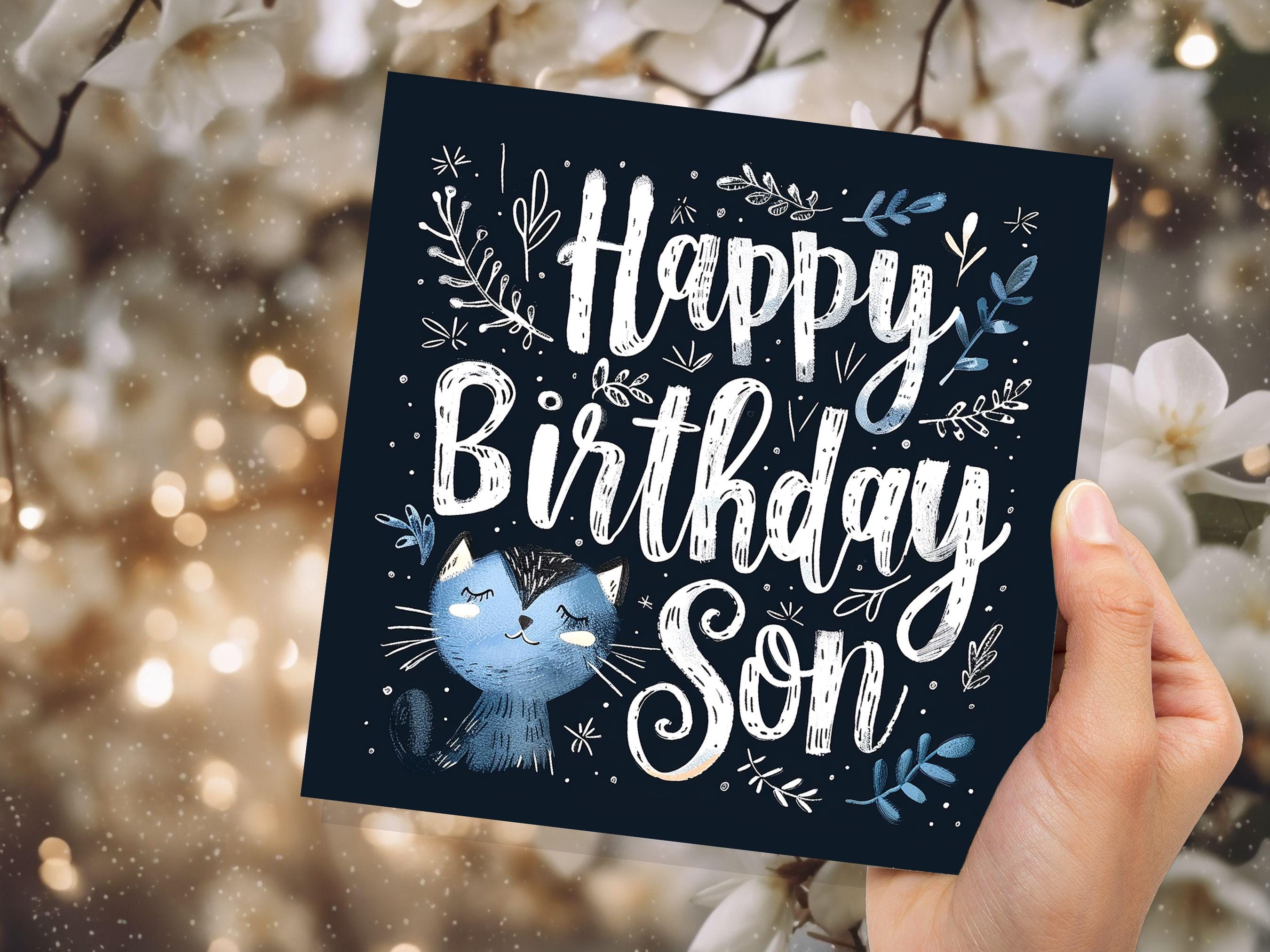 Cute Cat Birthday Greeting Card for Son Unique Handlettered Design with Blue Kitten Folk Art Style with Leaves & Branches for Cat Lovers - View 9