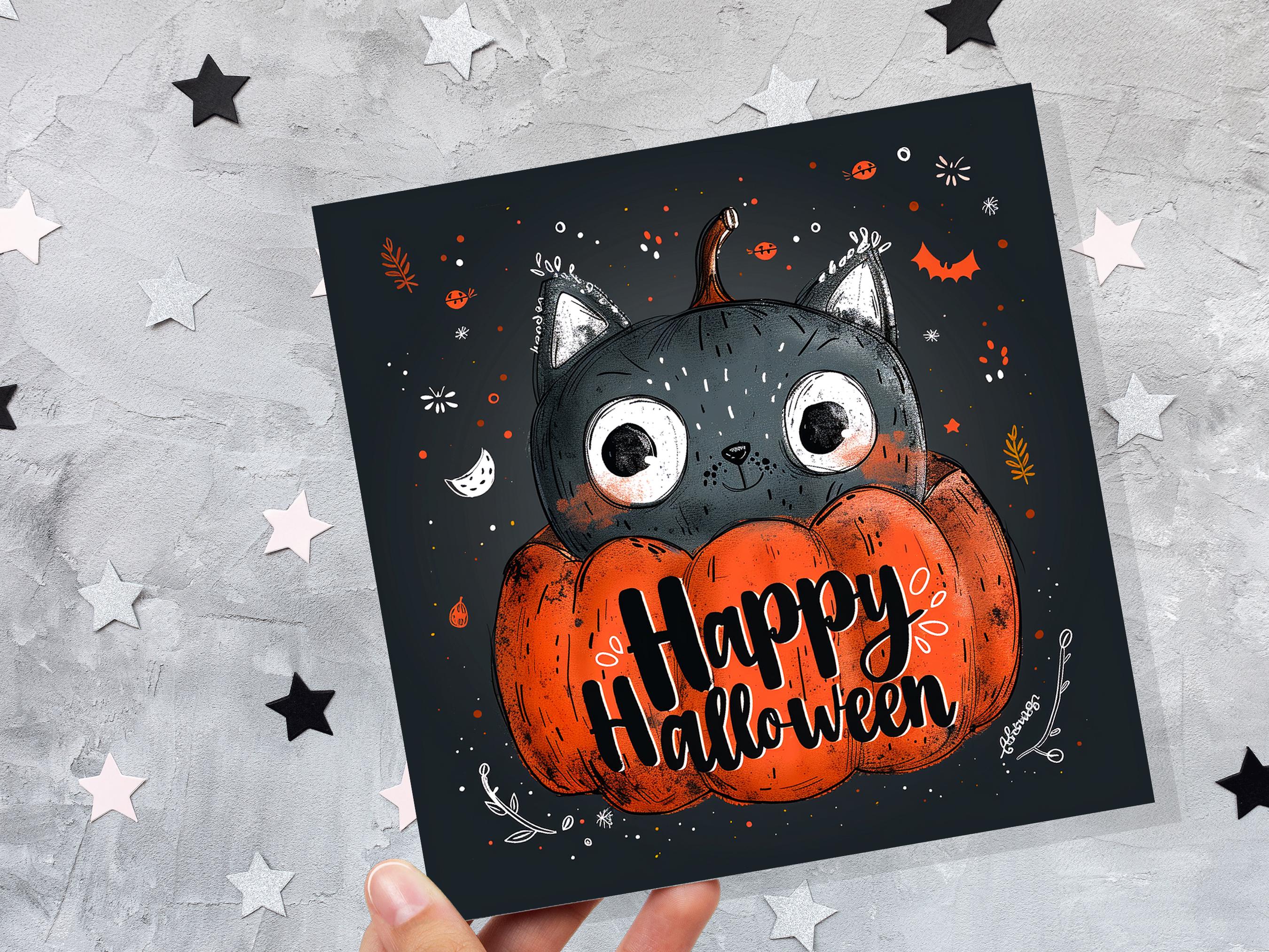 Cute Black Cat Halloween Greeting Card Pumpkin Jack-o'-Lantern Unique Whimsical Design For Family Friends Party Invitations Pack of 1, 5, 10