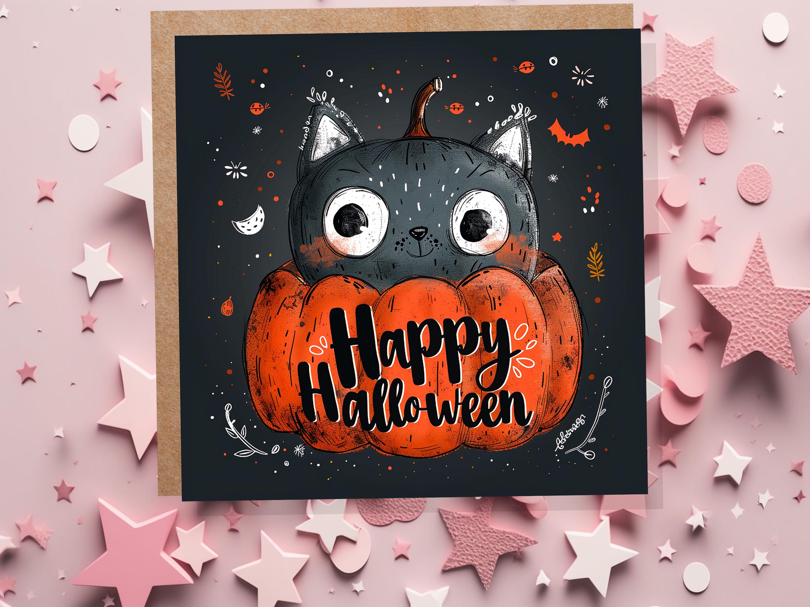 Cute Black Cat Halloween Greeting Card Pumpkin Jack-o'-Lantern Unique Whimsical Design For Family Friends Party Invitations Pack of 1, 5, 10 - View 2