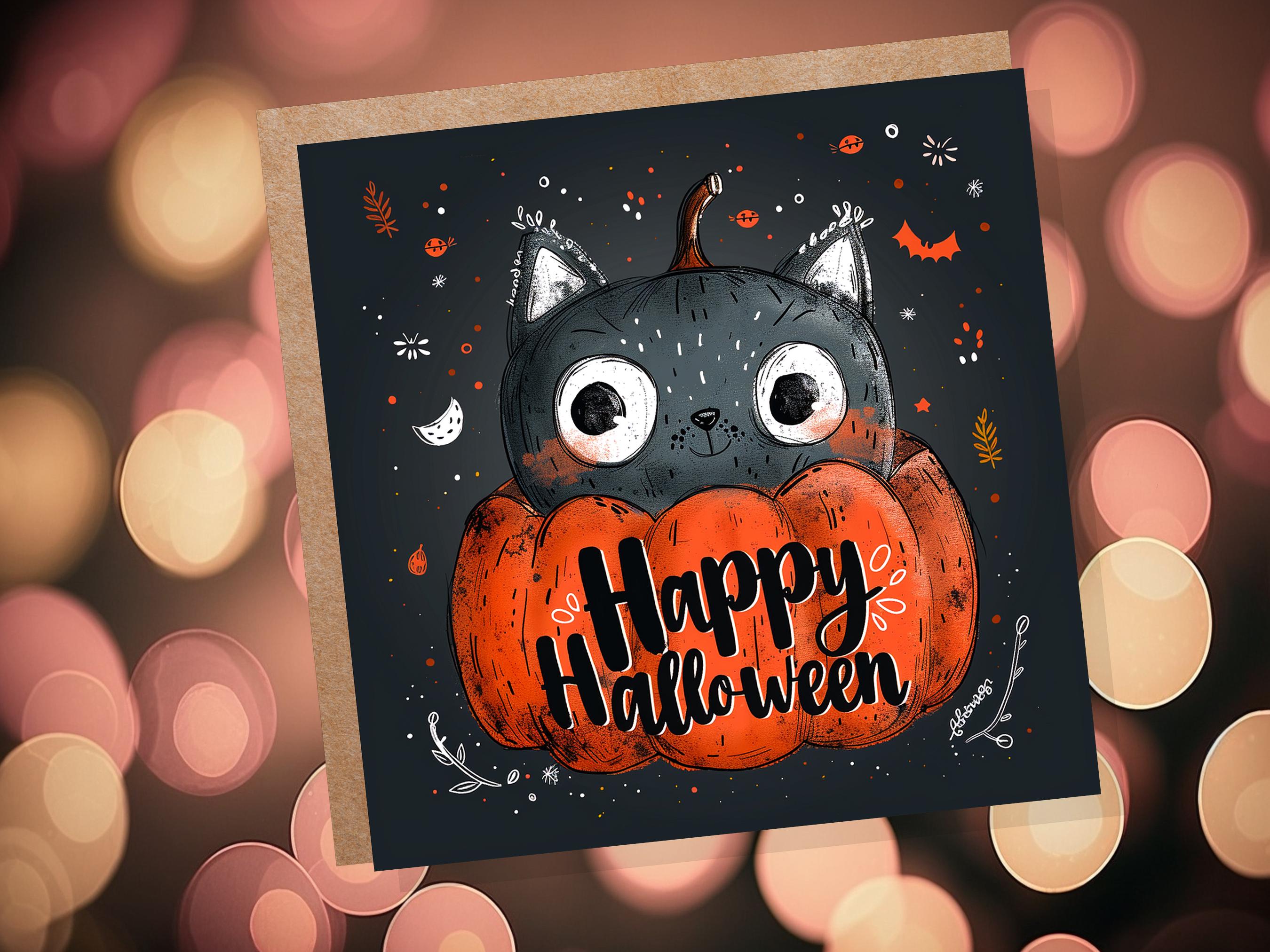 Cute Black Cat Halloween Greeting Card Pumpkin Jack-o'-Lantern Unique Whimsical Design For Family Friends Party Invitations Pack of 1, 5, 10 - View 3