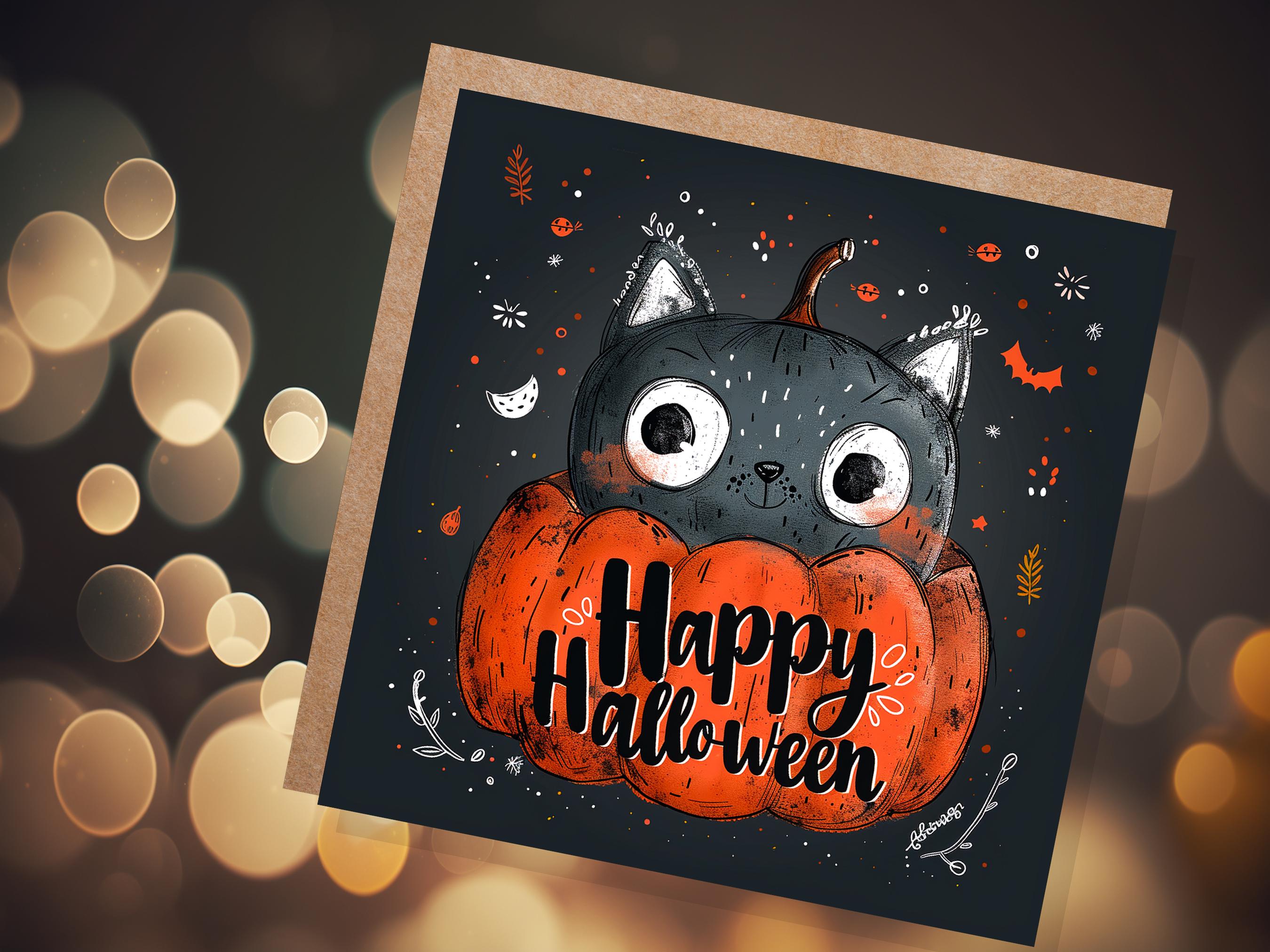 Cute Black Cat Halloween Greeting Card Pumpkin Jack-o'-Lantern Unique Whimsical Design For Family Friends Party Invitations Pack of 1, 5, 10 - View 4