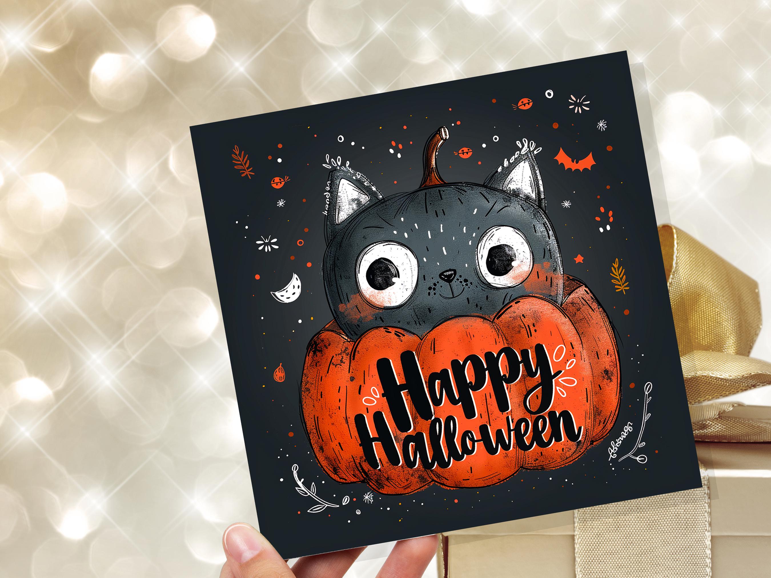 Cute Black Cat Halloween Greeting Card Pumpkin Jack-o'-Lantern Unique Whimsical Design For Family Friends Party Invitations Pack of 1, 5, 10 - View 5