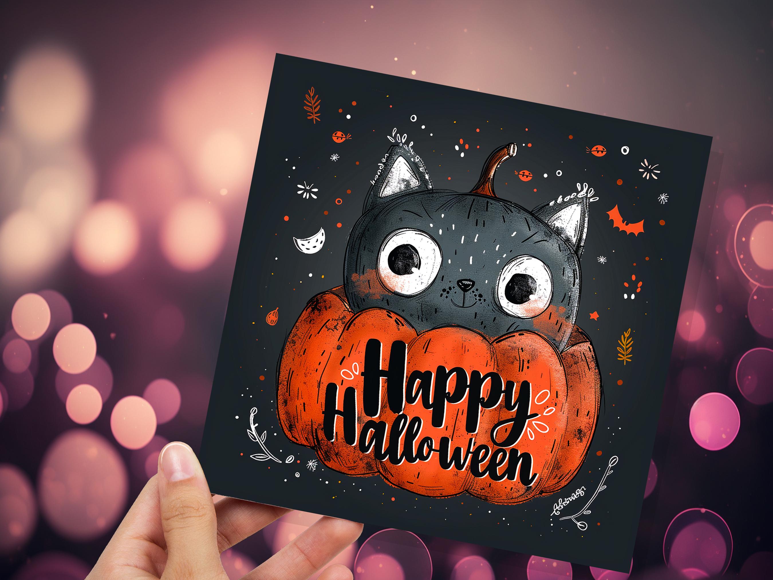 Cute Black Cat Halloween Greeting Card Pumpkin Jack-o'-Lantern Unique Whimsical Design For Family Friends Party Invitations Pack of 1, 5, 10 - View 6