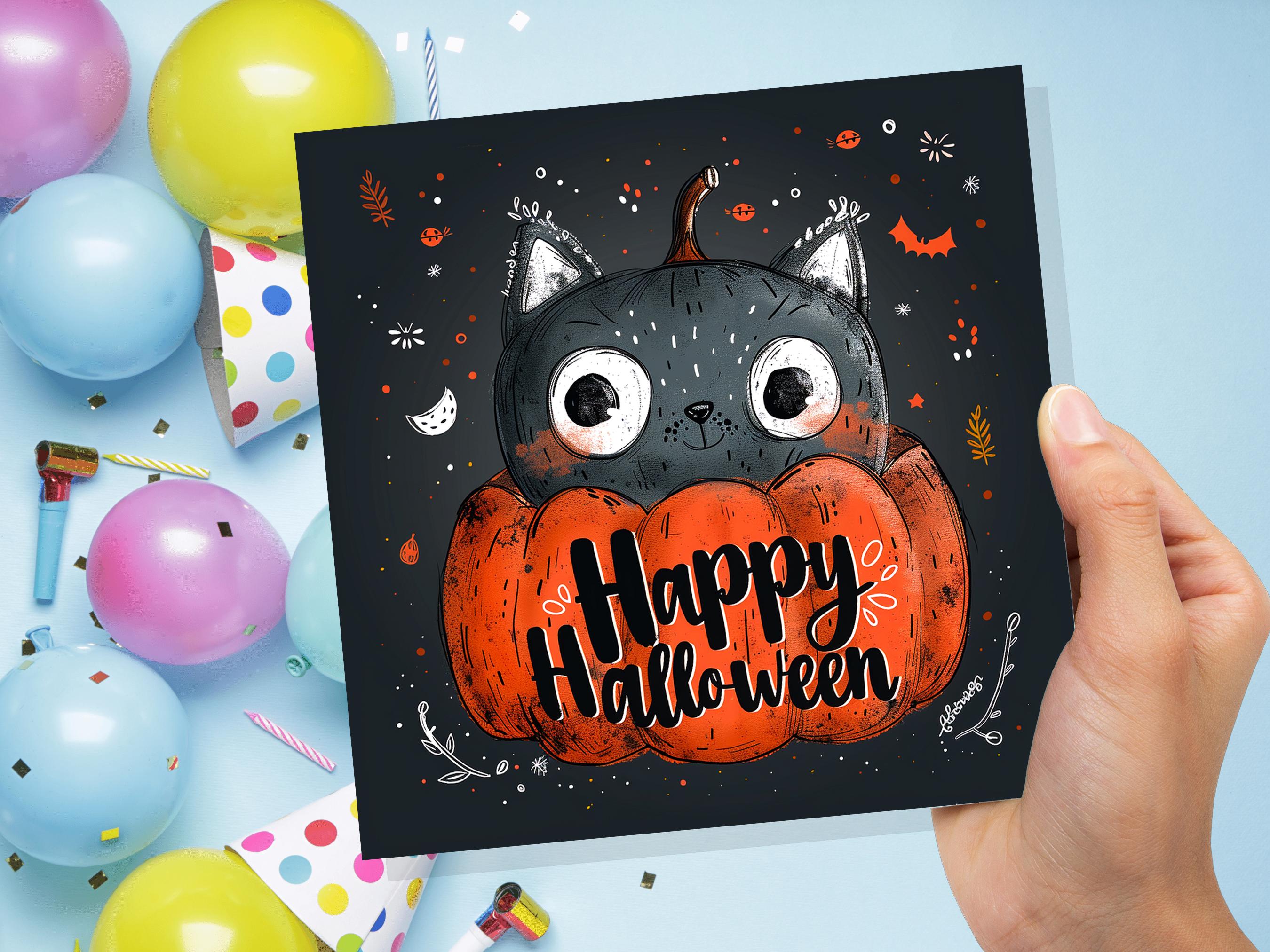 Cute Black Cat Halloween Greeting Card Pumpkin Jack-o'-Lantern Unique Whimsical Design For Family Friends Party Invitations Pack of 1, 5, 10 - View 7