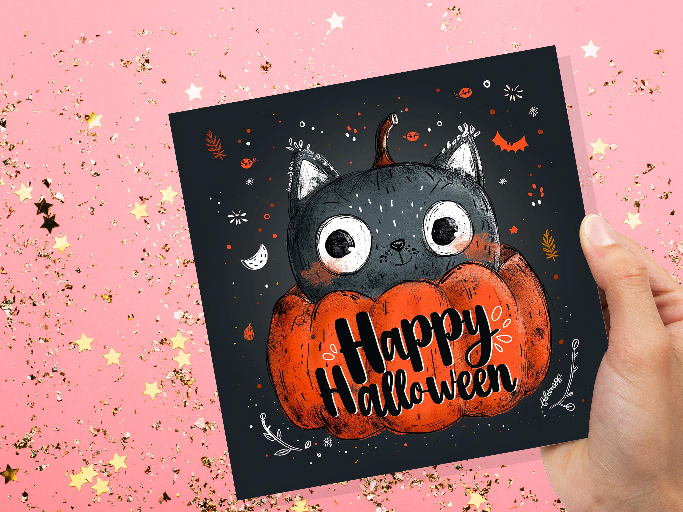 Cute Black Cat Halloween Greeting Card Pumpkin Jack-o'-Lantern Unique Whimsical Design For Family Friends Party Invitations Pack of 1, 5, 10 - View 8