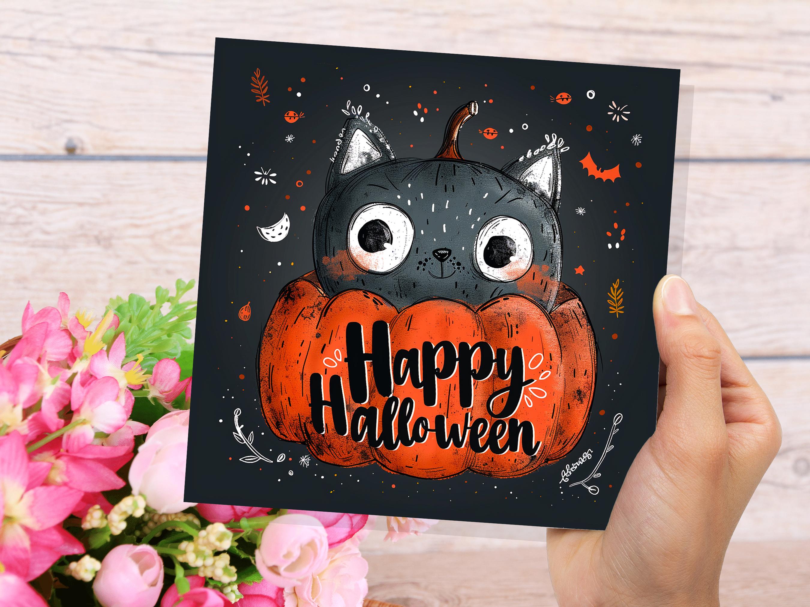 Cute Black Cat Halloween Greeting Card Pumpkin Jack-o'-Lantern Unique Whimsical Design For Family Friends Party Invitations Pack of 1, 5, 10 - View 9