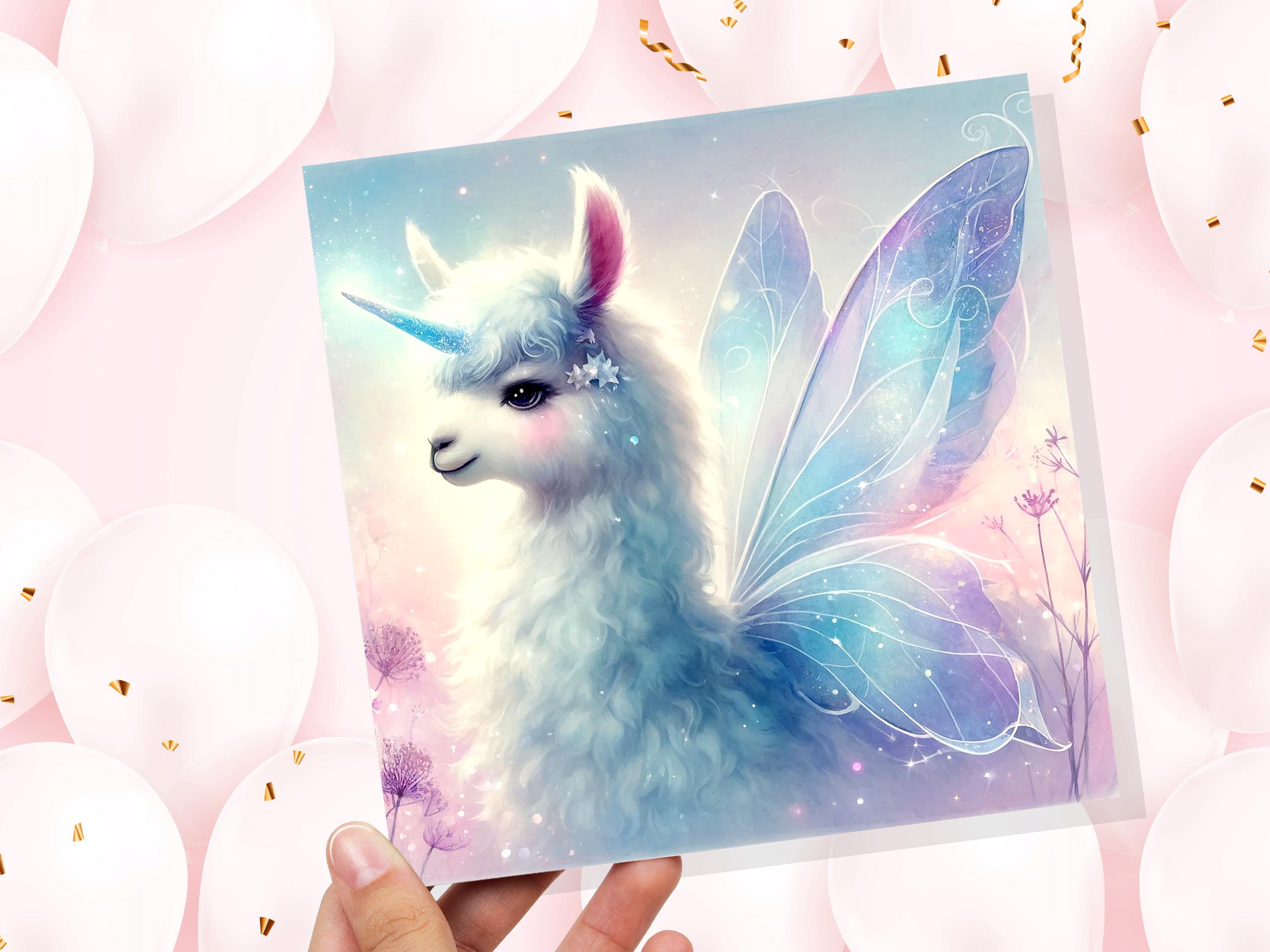 Unicorn Llama Greeting Card Fantasy Art for Child Daughter Magical Unique Fairy Wings Birthday Party Invitations Blue Purple Ethereal Whimsy