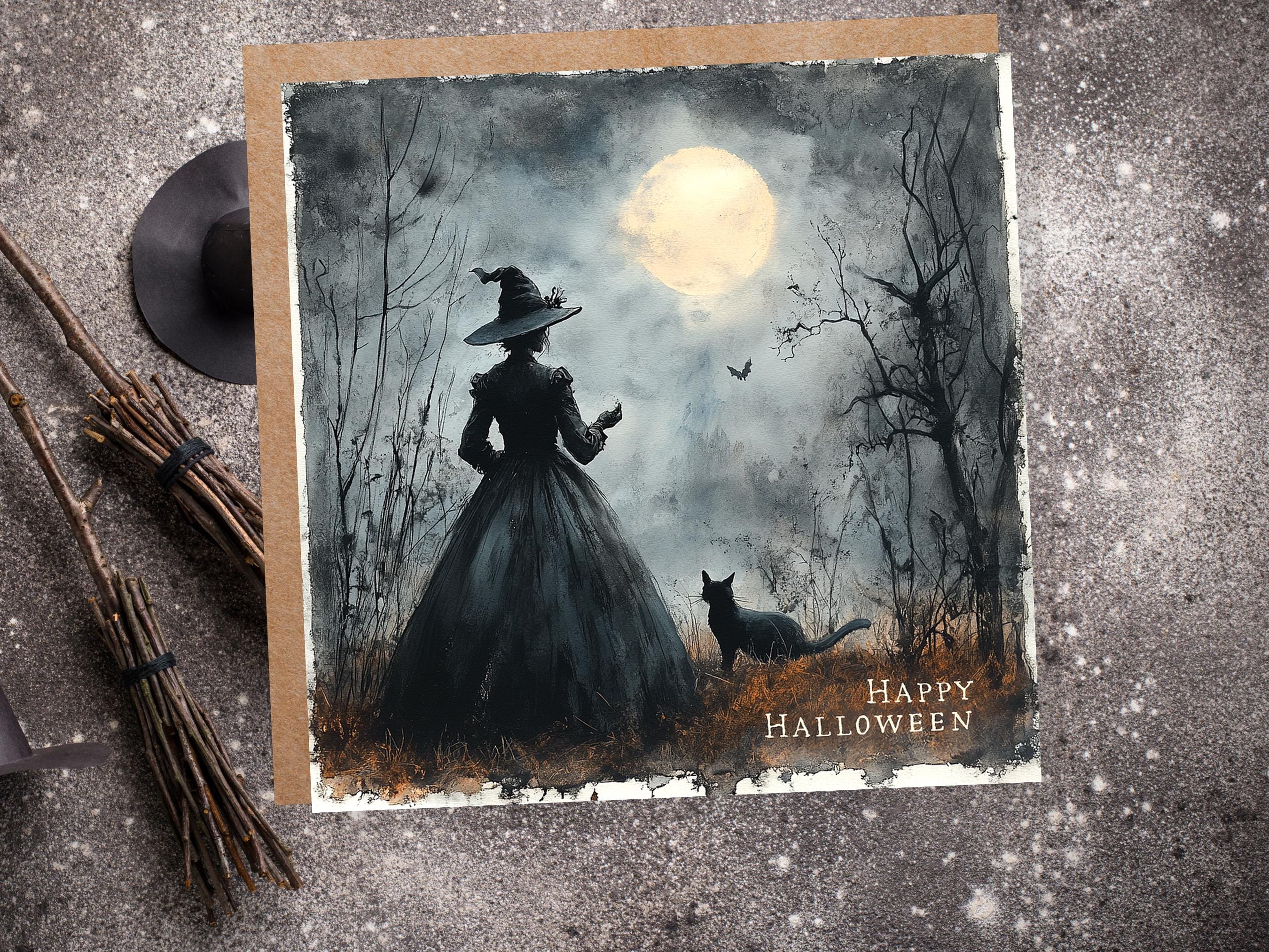 Witch Silhouette Halloween Greeting Card Unique Spooky Scene with Witch's Cat Full Moon Witchcore Wiccan Witchy Moonlit Gothic Witchcraft