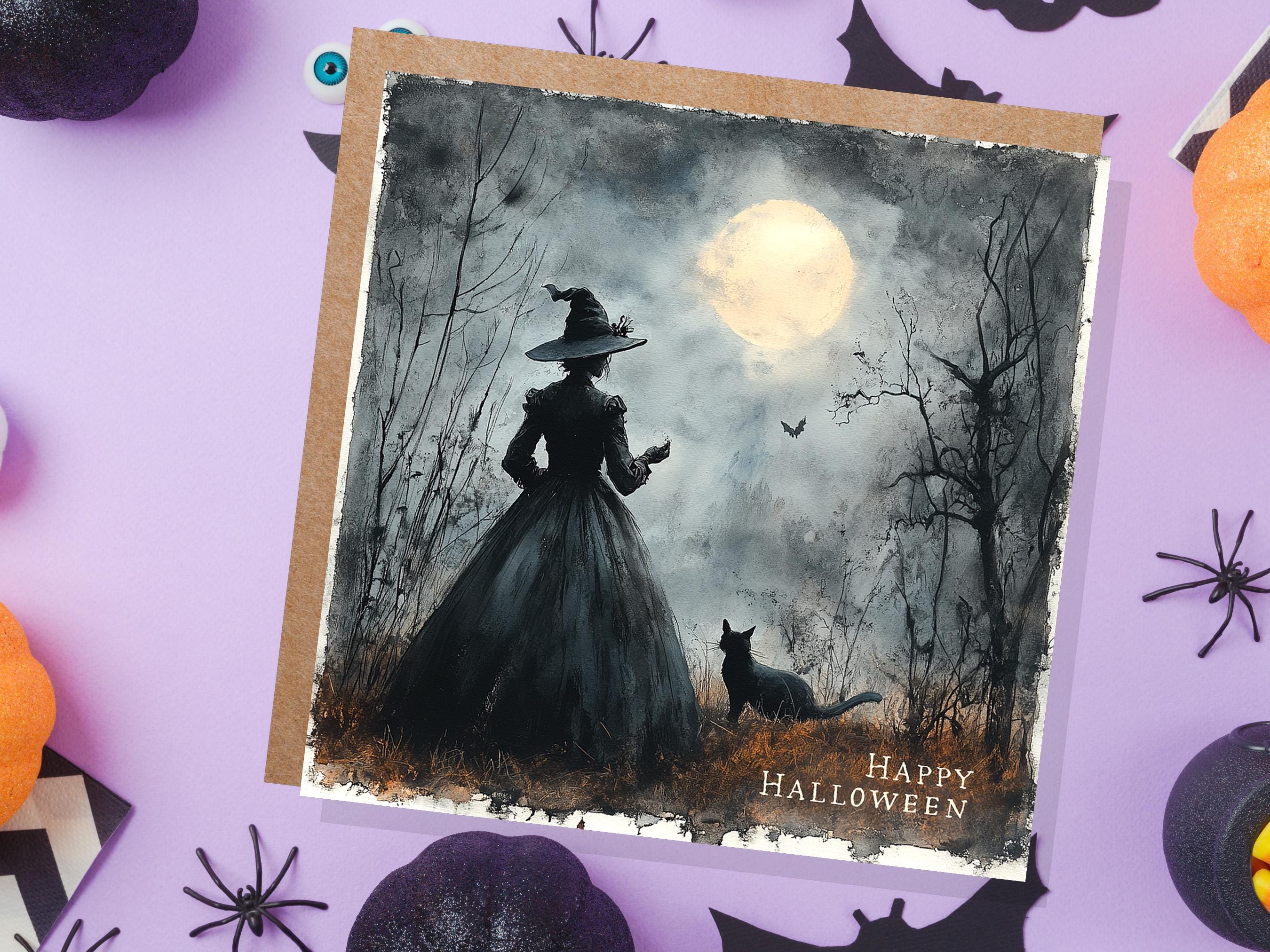 Witch Silhouette Halloween Greeting Card Unique Spooky Scene with Witch's Cat Full Moon Witchcore Wiccan Witchy Moonlit Gothic Witchcraft - View 2