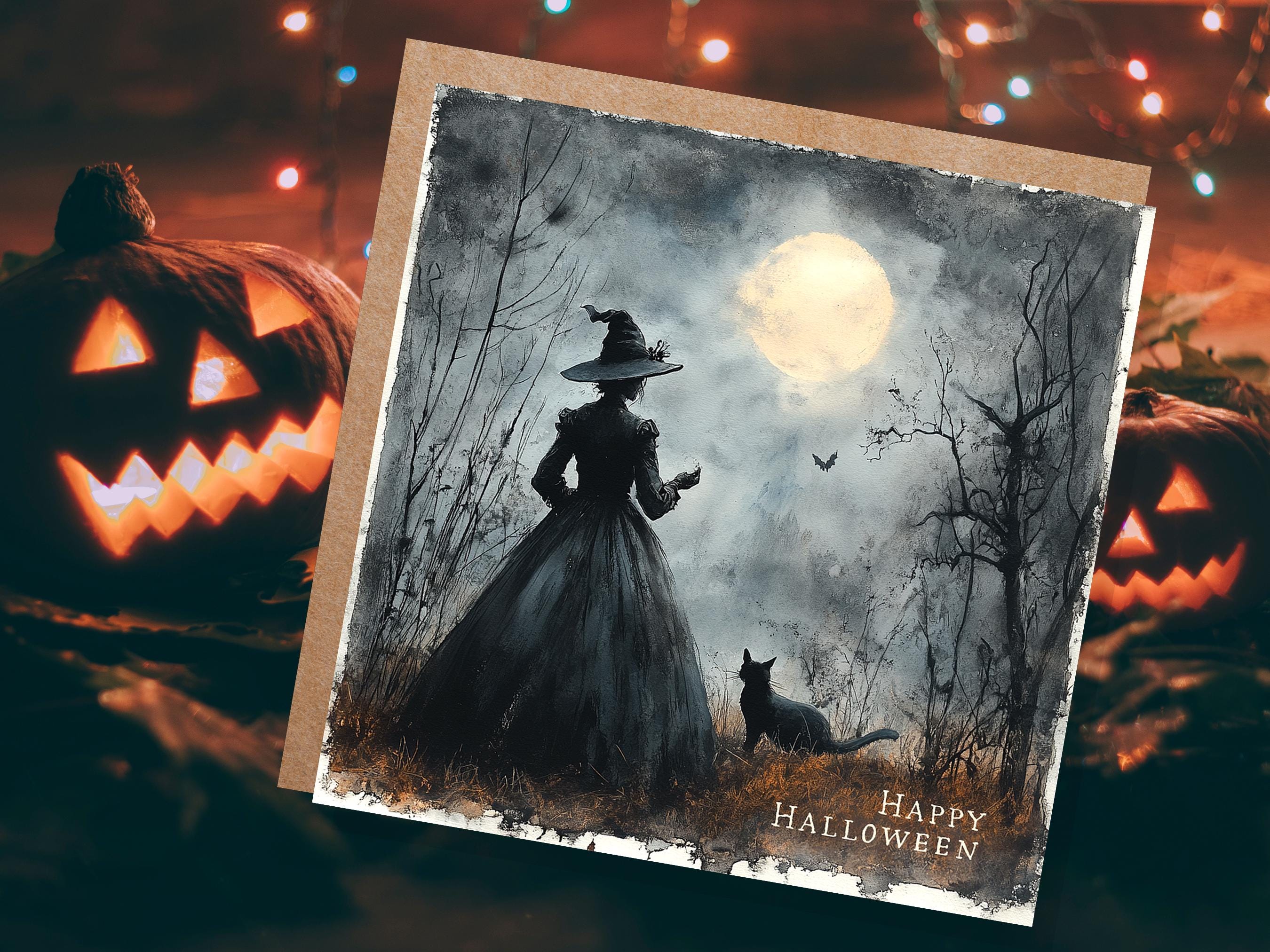 Witch Silhouette Halloween Greeting Card Unique Spooky Scene with Witch's Cat Full Moon Witchcore Wiccan Witchy Moonlit Gothic Witchcraft - View 3