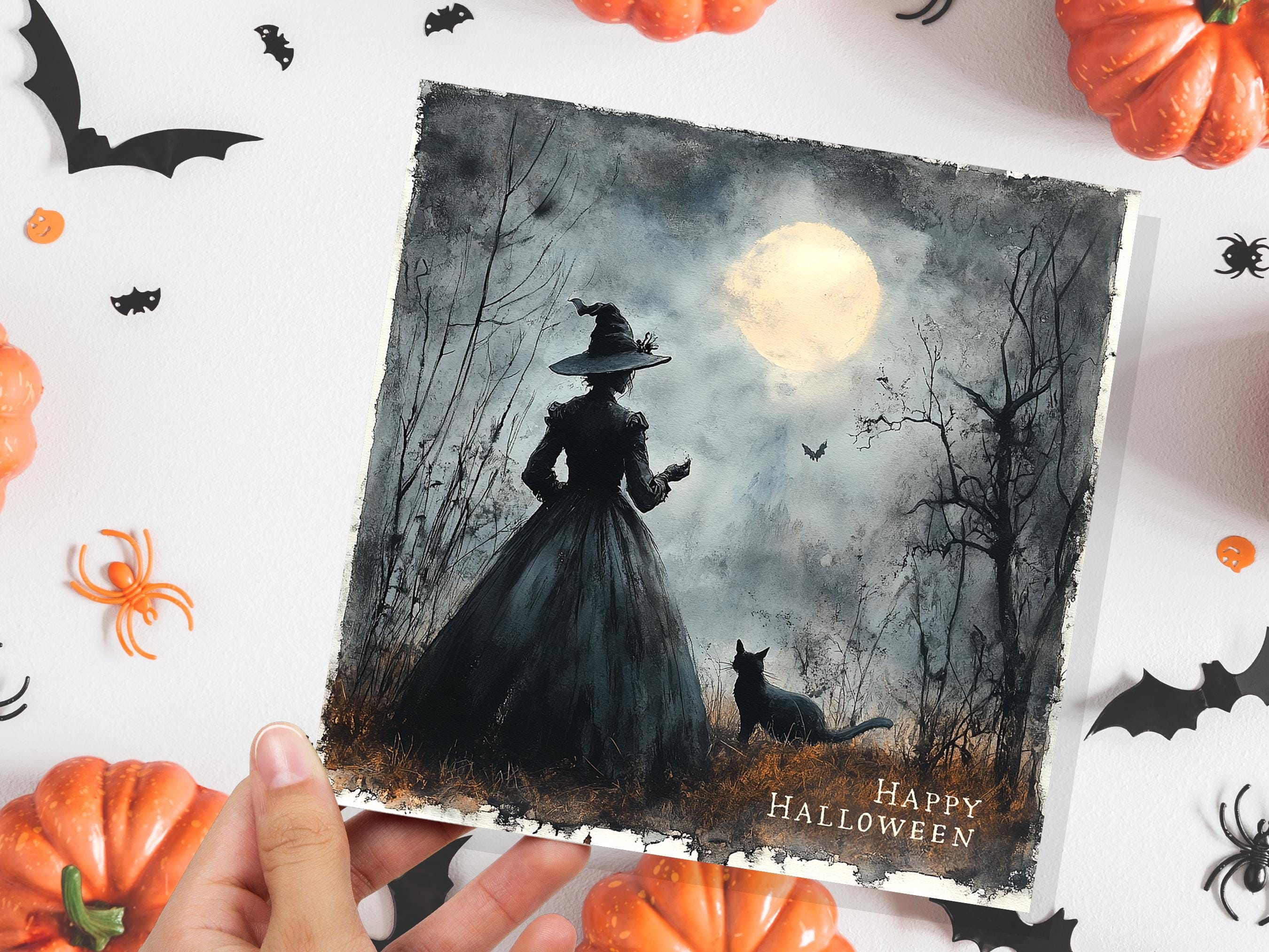 Witch Silhouette Halloween Greeting Card Unique Spooky Scene with Witch's Cat Full Moon Witchcore Wiccan Witchy Moonlit Gothic Witchcraft - View 4