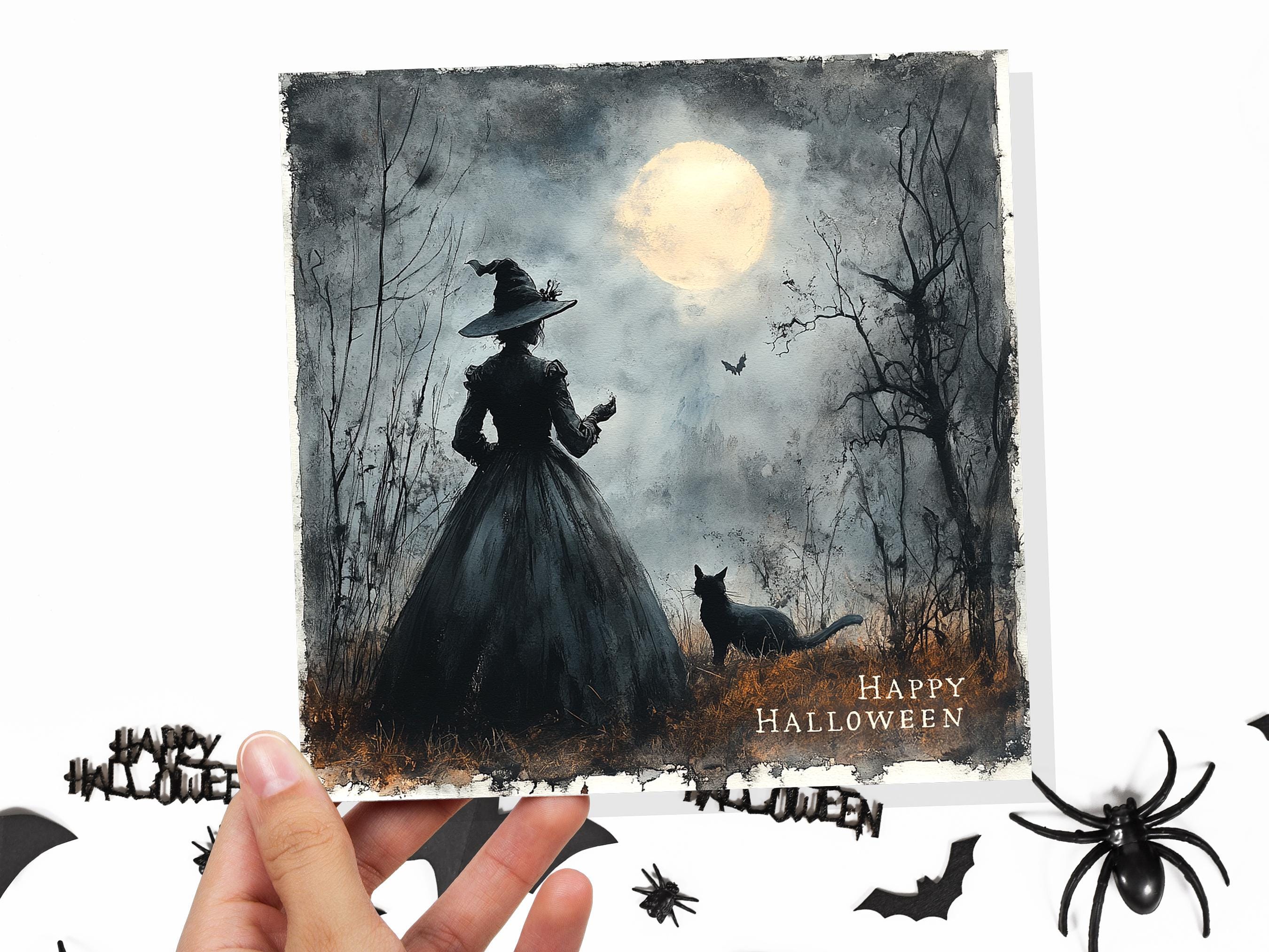 Witch Silhouette Halloween Greeting Card Unique Spooky Scene with Witch's Cat Full Moon Witchcore Wiccan Witchy Moonlit Gothic Witchcraft - View 5