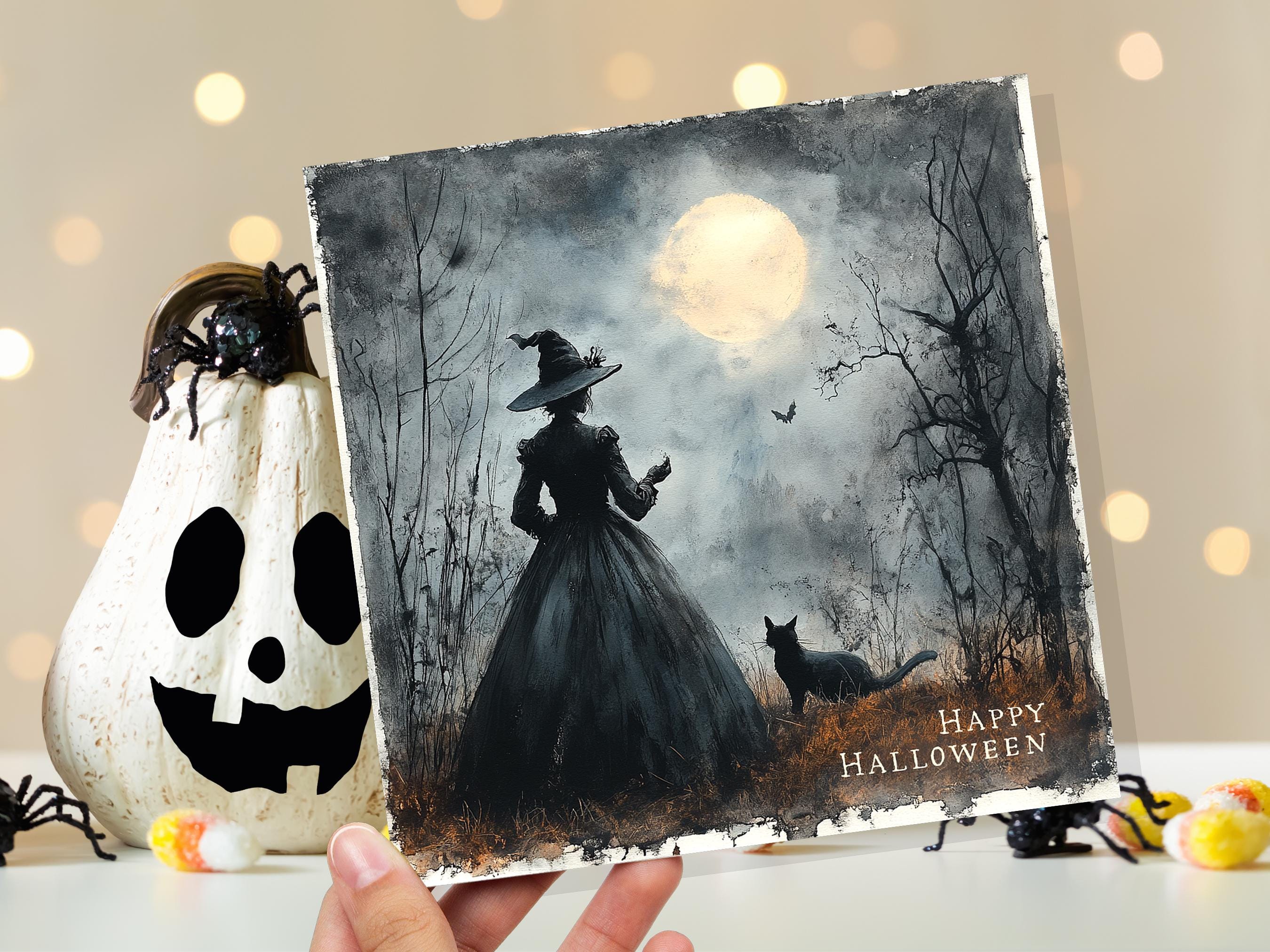 Witch Silhouette Halloween Greeting Card Unique Spooky Scene with Witch's Cat Full Moon Witchcore Wiccan Witchy Moonlit Gothic Witchcraft - View 6