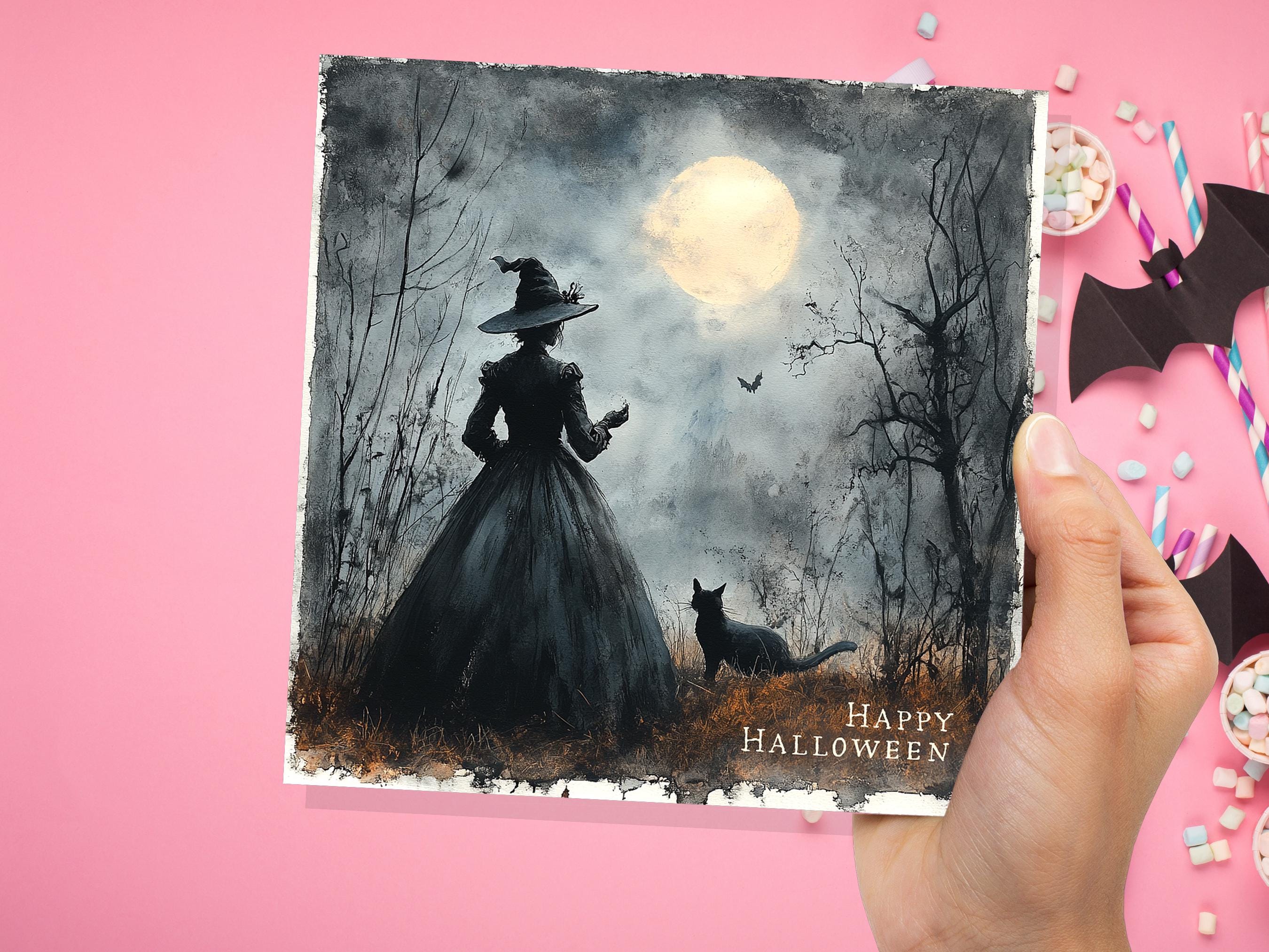 Witch Silhouette Halloween Greeting Card Unique Spooky Scene with Witch's Cat Full Moon Witchcore Wiccan Witchy Moonlit Gothic Witchcraft - View 7