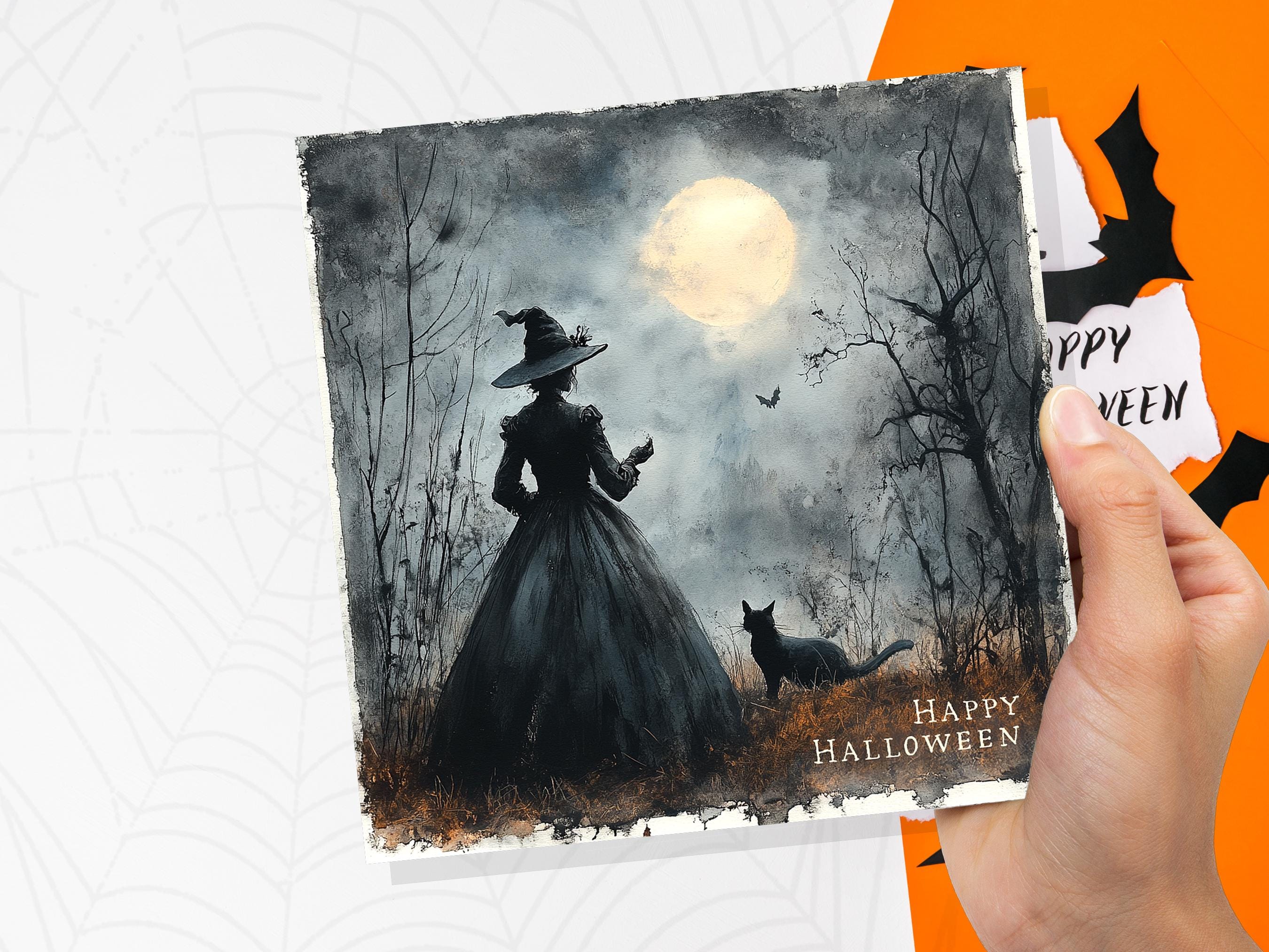 Witch Silhouette Halloween Greeting Card Unique Spooky Scene with Witch's Cat Full Moon Witchcore Wiccan Witchy Moonlit Gothic Witchcraft - View 8