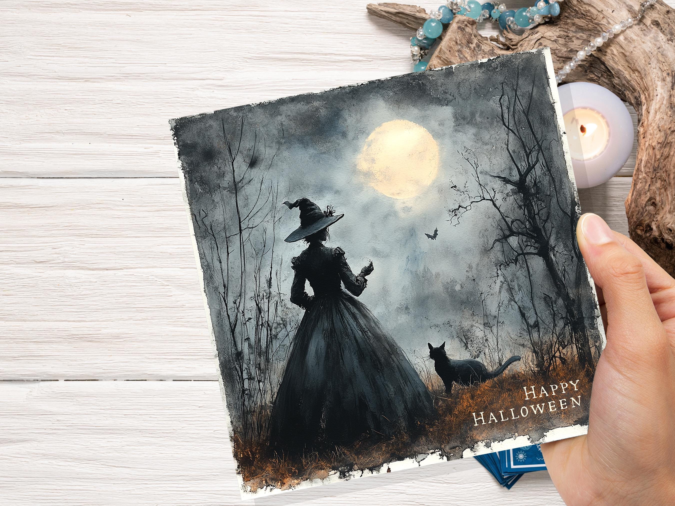 Witch Silhouette Halloween Greeting Card Unique Spooky Scene with Witch's Cat Full Moon Witchcore Wiccan Witchy Moonlit Gothic Witchcraft - View 9