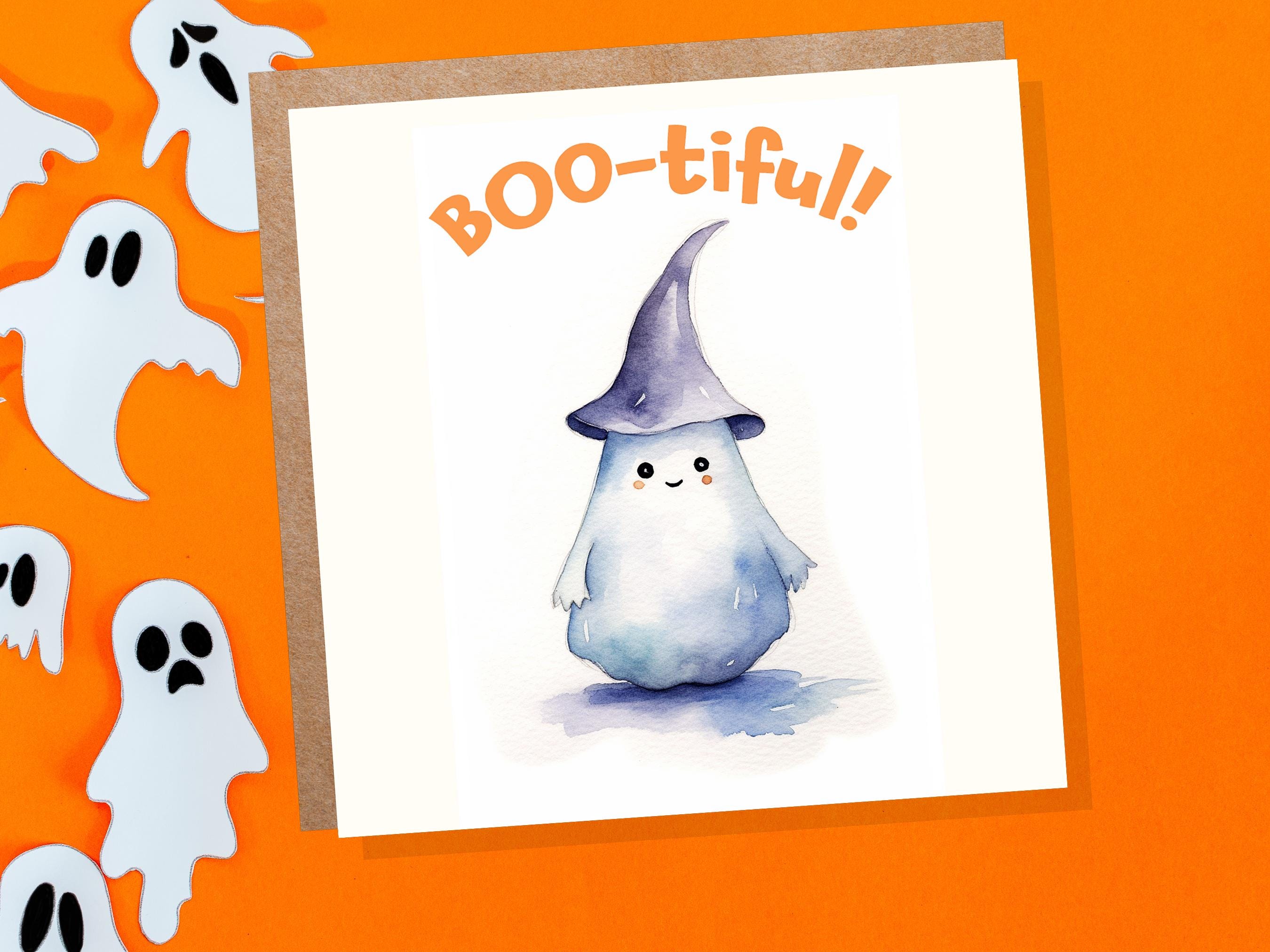 Boo-tiful Ghost Witch Card Cute Watercolor Halloween Greetings for Family Friends Unique Spooky Whimsical Design Custom Invites New for 2024