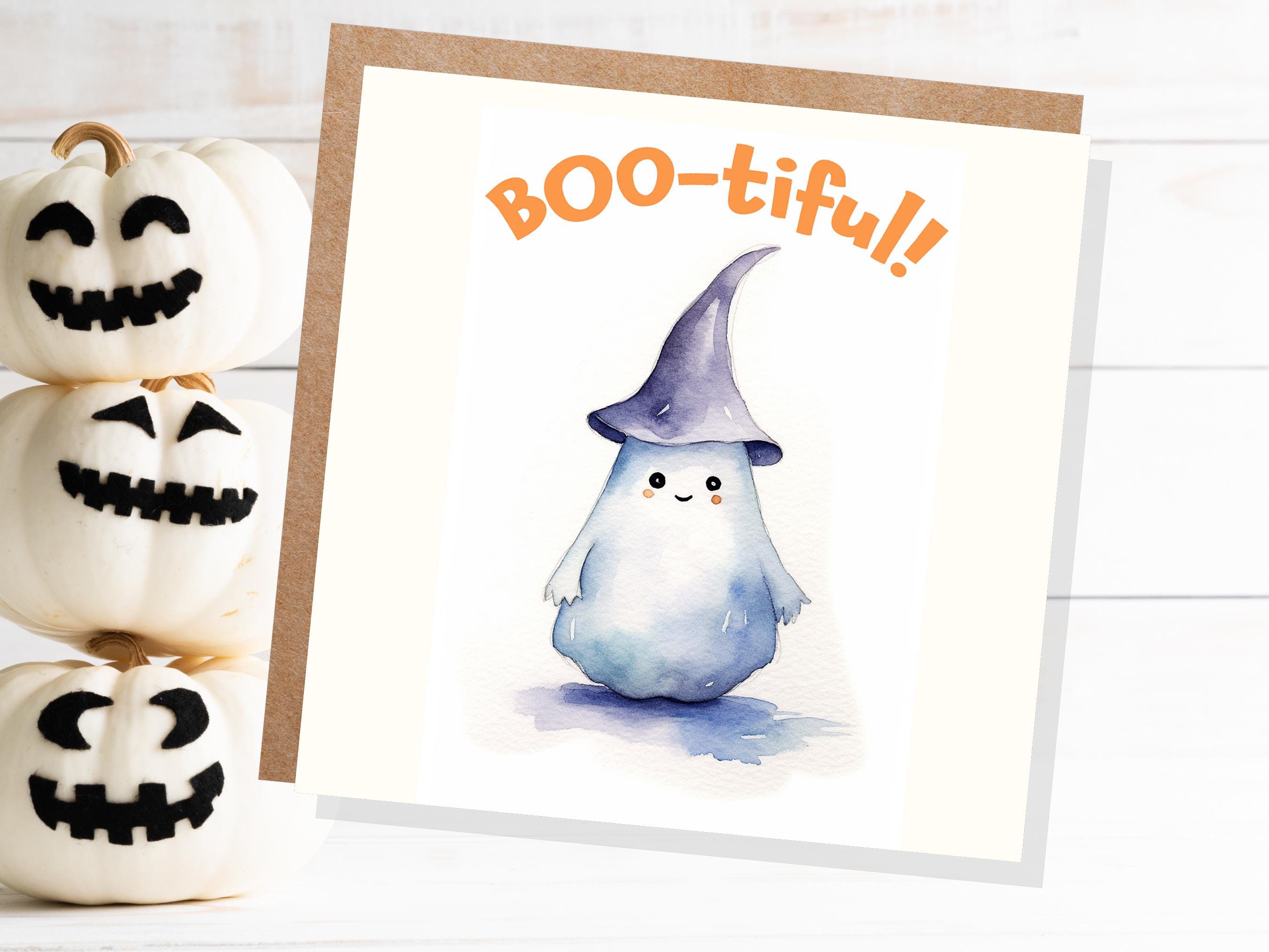 Boo-tiful Ghost Witch Card Cute Watercolor Halloween Greetings for Family Friends Unique Spooky Whimsical Design Custom Invites New for 2024 - View 2