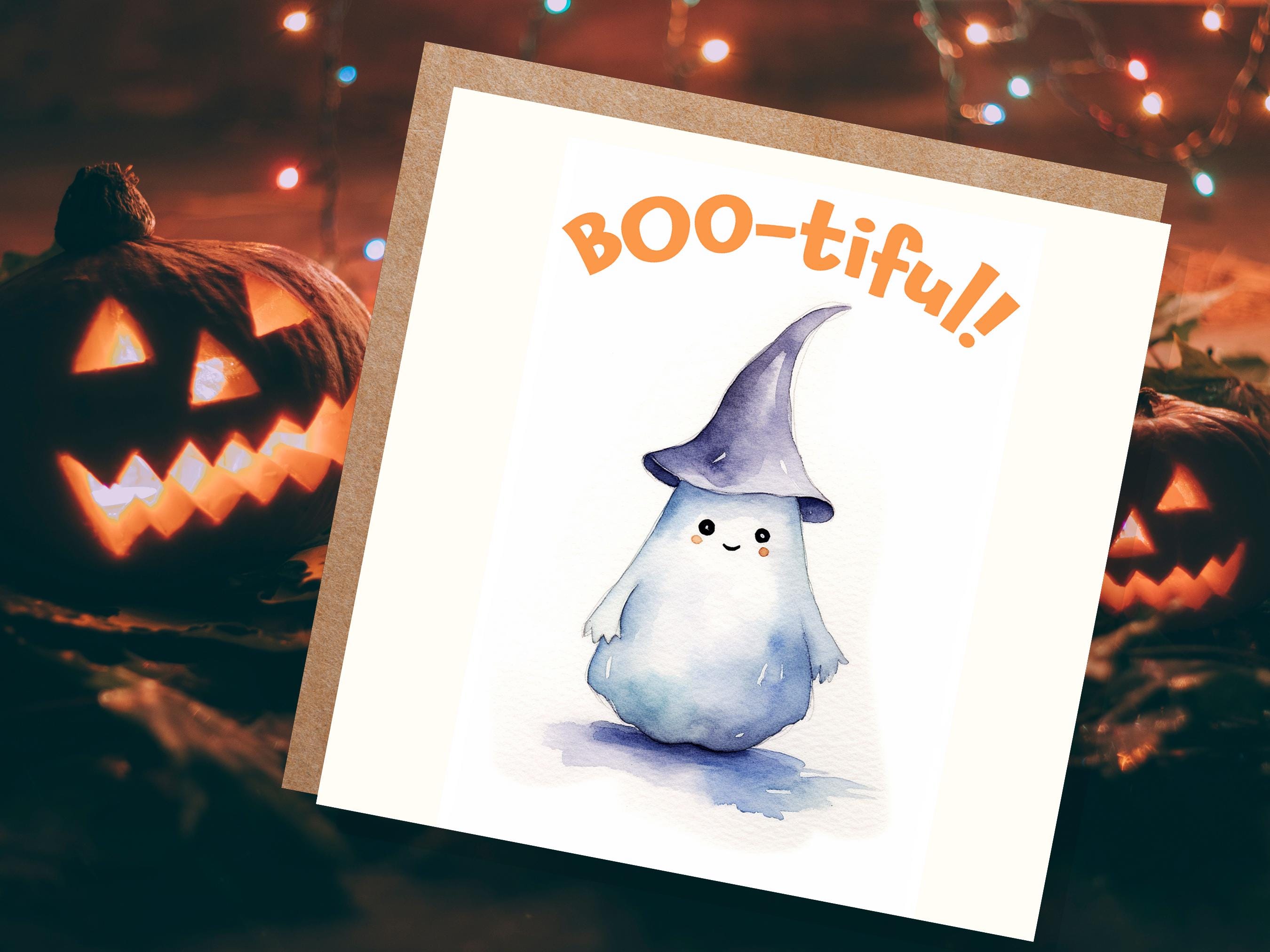 Boo-tiful Ghost Witch Card Cute Watercolor Halloween Greetings for Family Friends Unique Spooky Whimsical Design Custom Invites New for 2024 - View 3