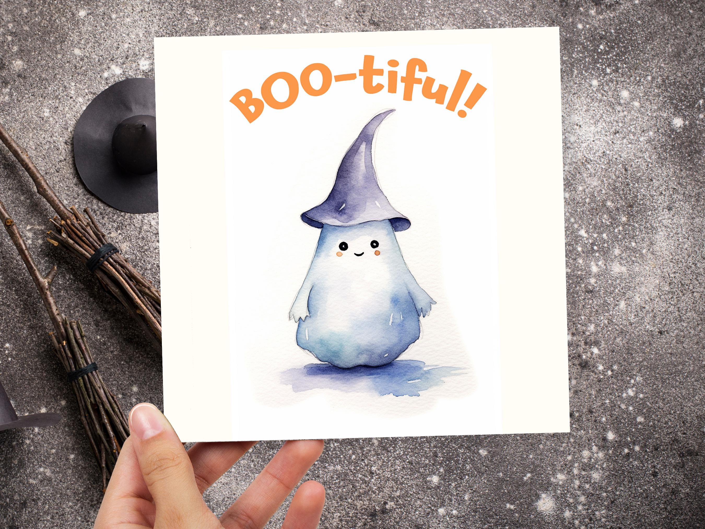 Boo-tiful Ghost Witch Card Cute Watercolor Halloween Greetings for Family Friends Unique Spooky Whimsical Design Custom Invites New for 2024 - View 4