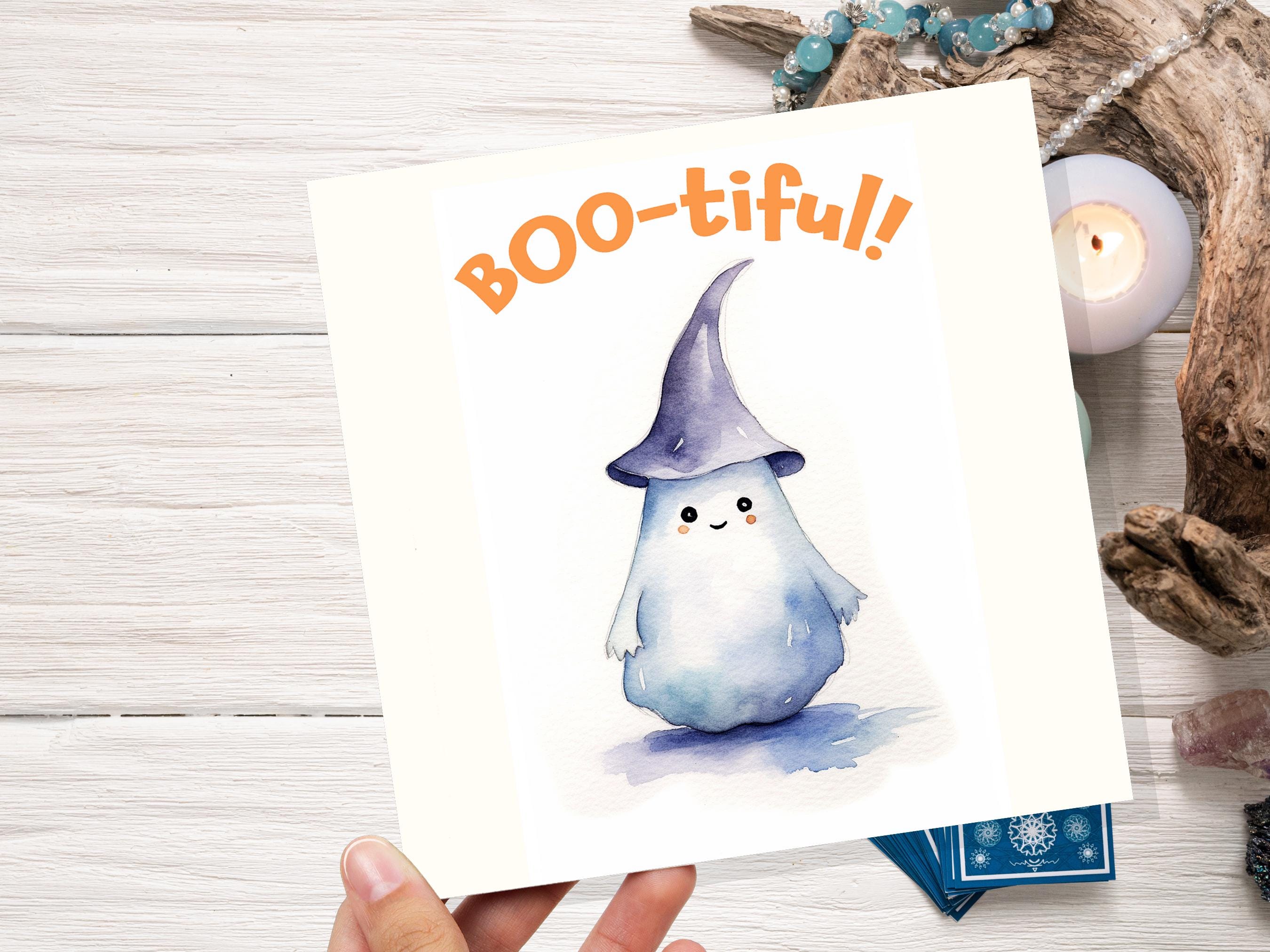 Boo-tiful Ghost Witch Card Cute Watercolor Halloween Greetings for Family Friends Unique Spooky Whimsical Design Custom Invites New for 2024 - View 5