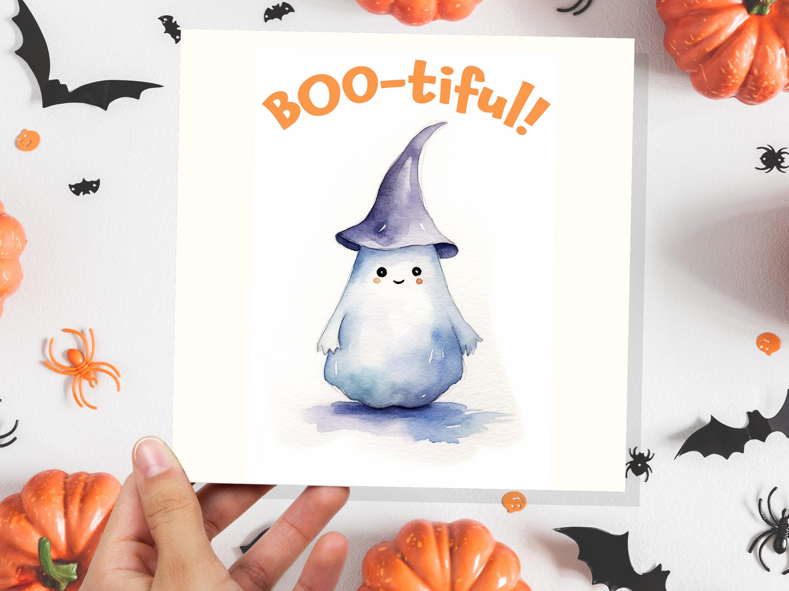 Boo-tiful Ghost Witch Card Cute Watercolor Halloween Greetings for Family Friends Unique Spooky Whimsical Design Custom Invites New for 2024 - View 6