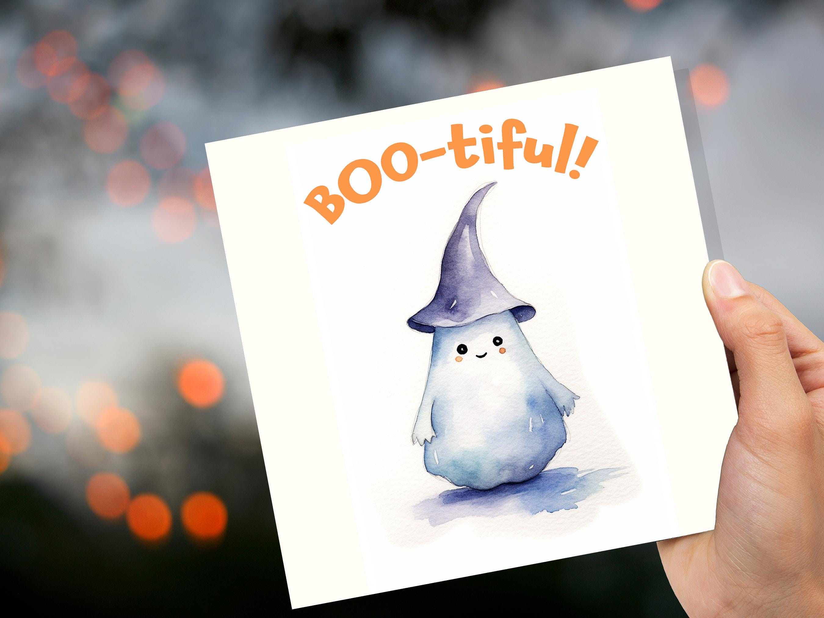 Boo-tiful Ghost Witch Card Cute Watercolor Halloween Greetings for Family Friends Unique Spooky Whimsical Design Custom Invites New for 2024 - View 7