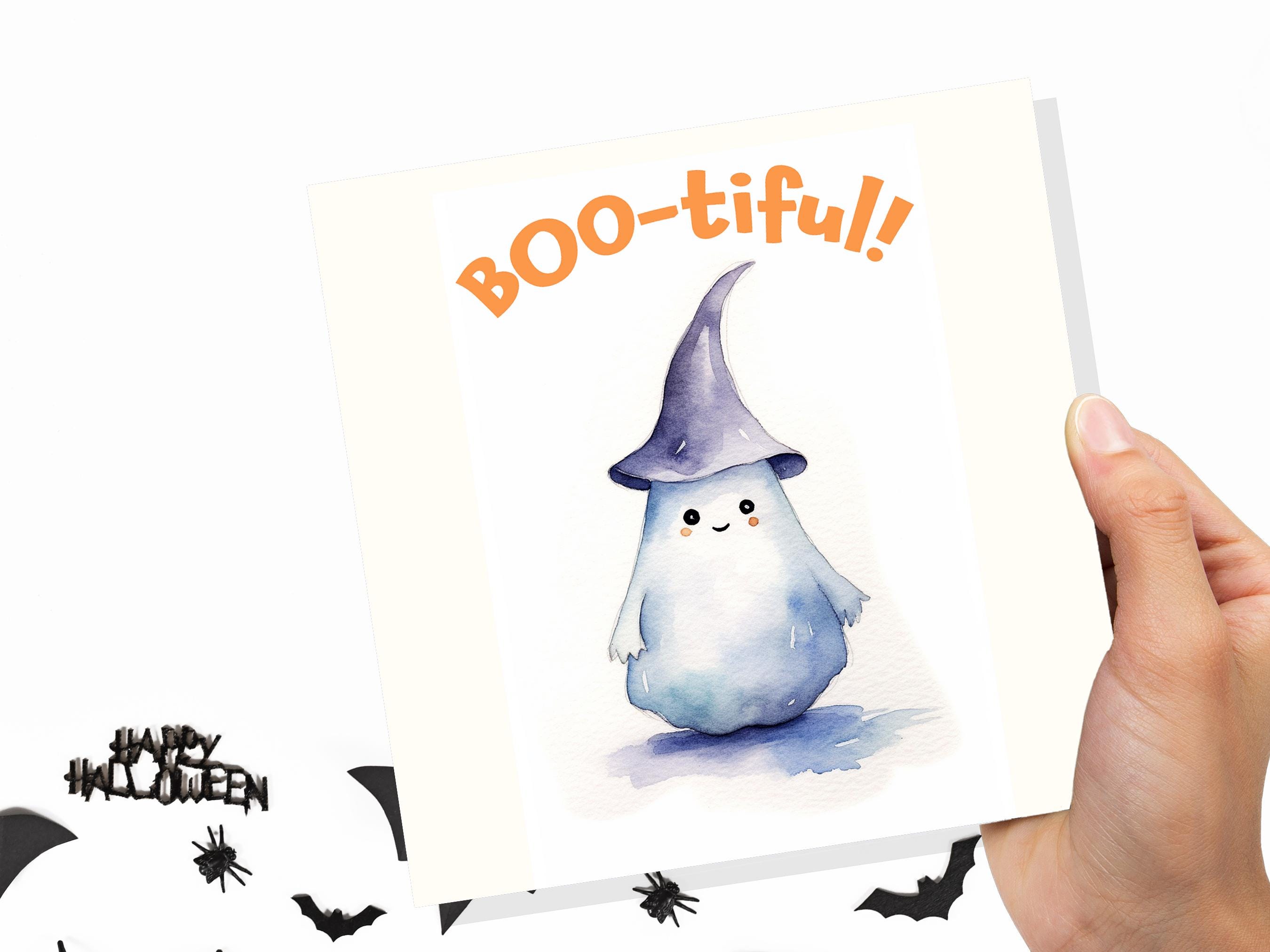 Boo-tiful Ghost Witch Card Cute Watercolor Halloween Greetings for Family Friends Unique Spooky Whimsical Design Custom Invites New for 2024 - View 8