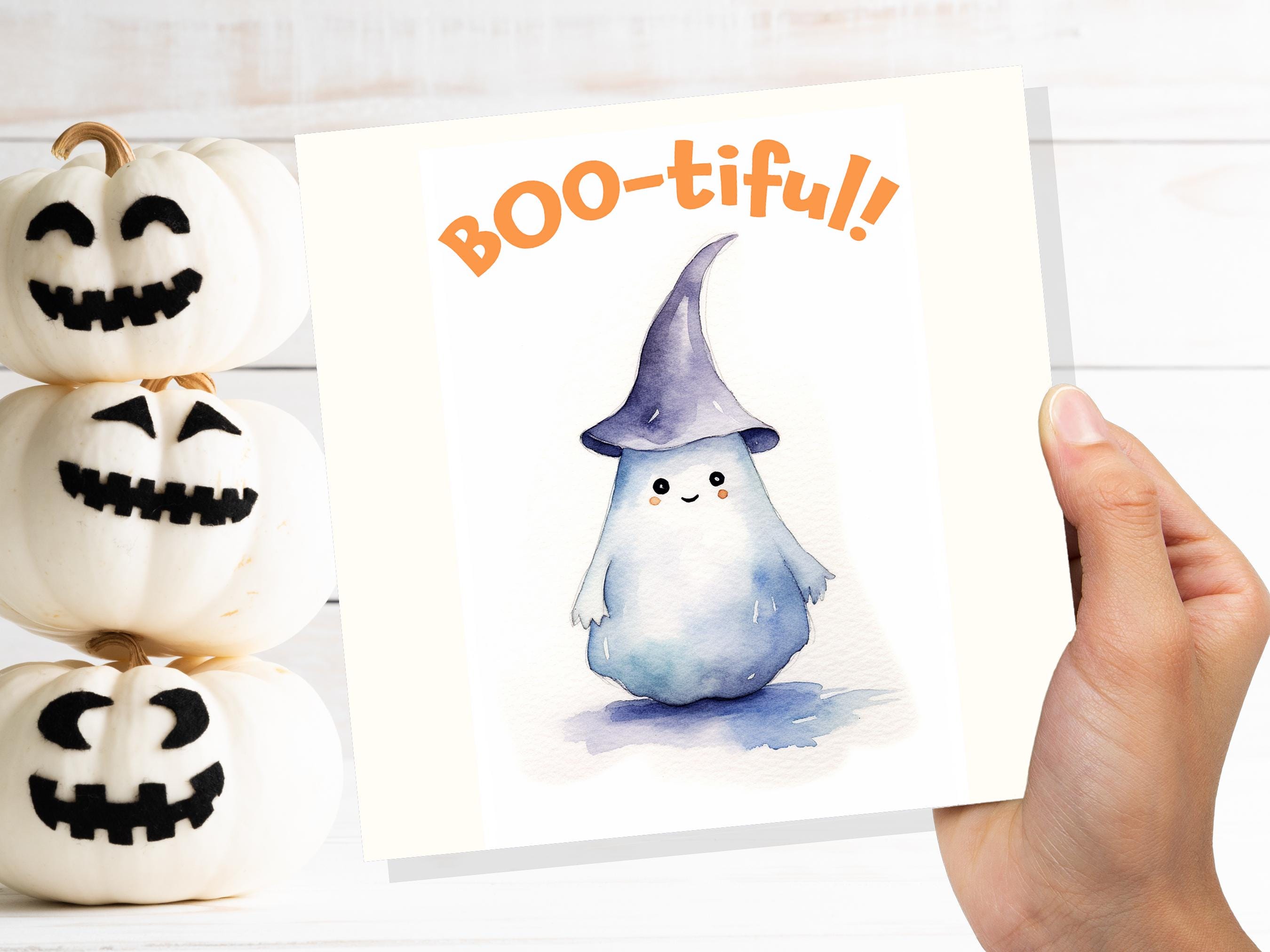 Boo-tiful Ghost Witch Card Cute Watercolor Halloween Greetings for Family Friends Unique Spooky Whimsical Design Custom Invites New for 2024 - View 9