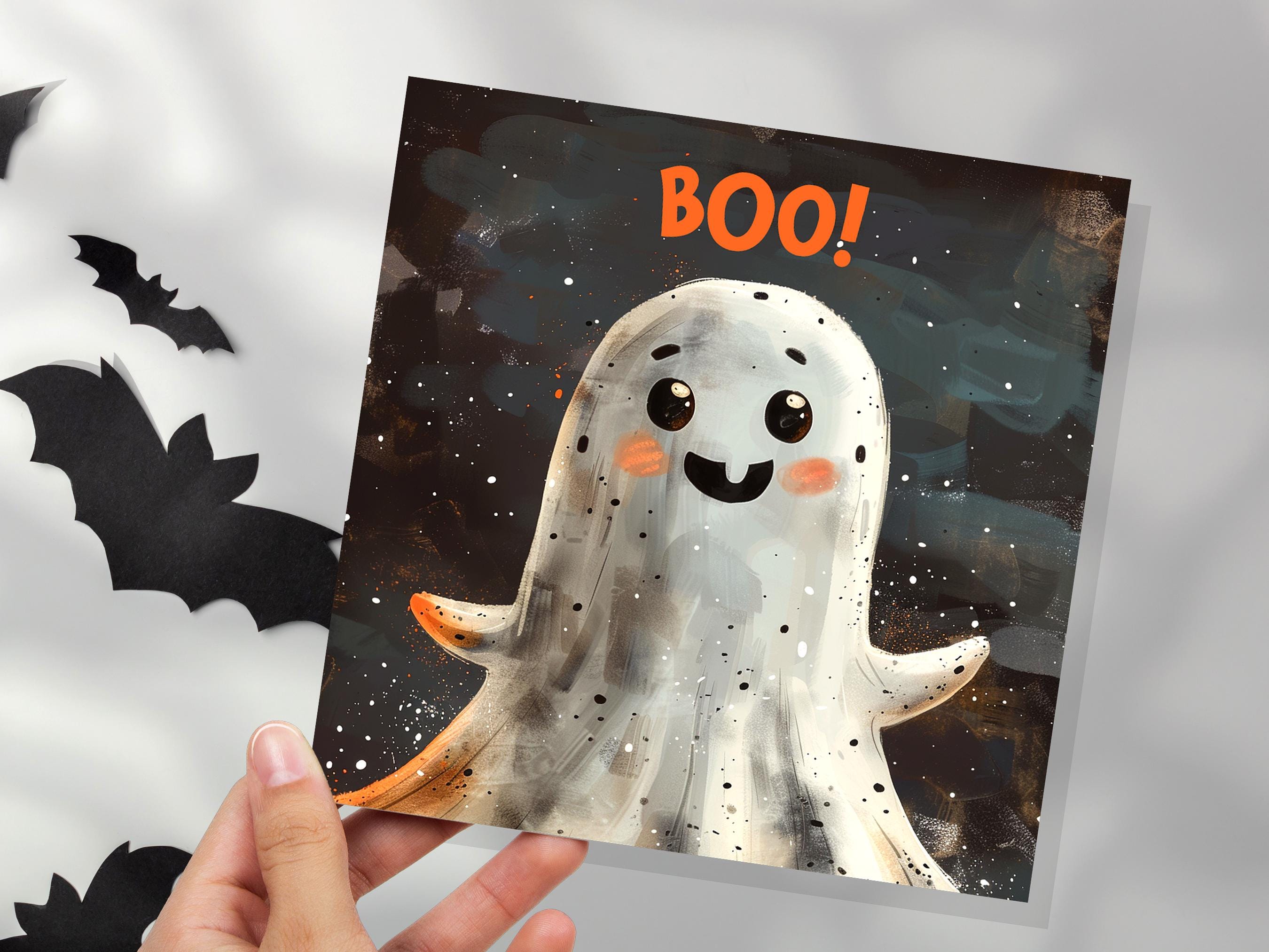 Cute Ghost Halloween Card for Spooky Greetings or Party Invitations Grunge 'Boo!' Design For Family Friends Party Invitations