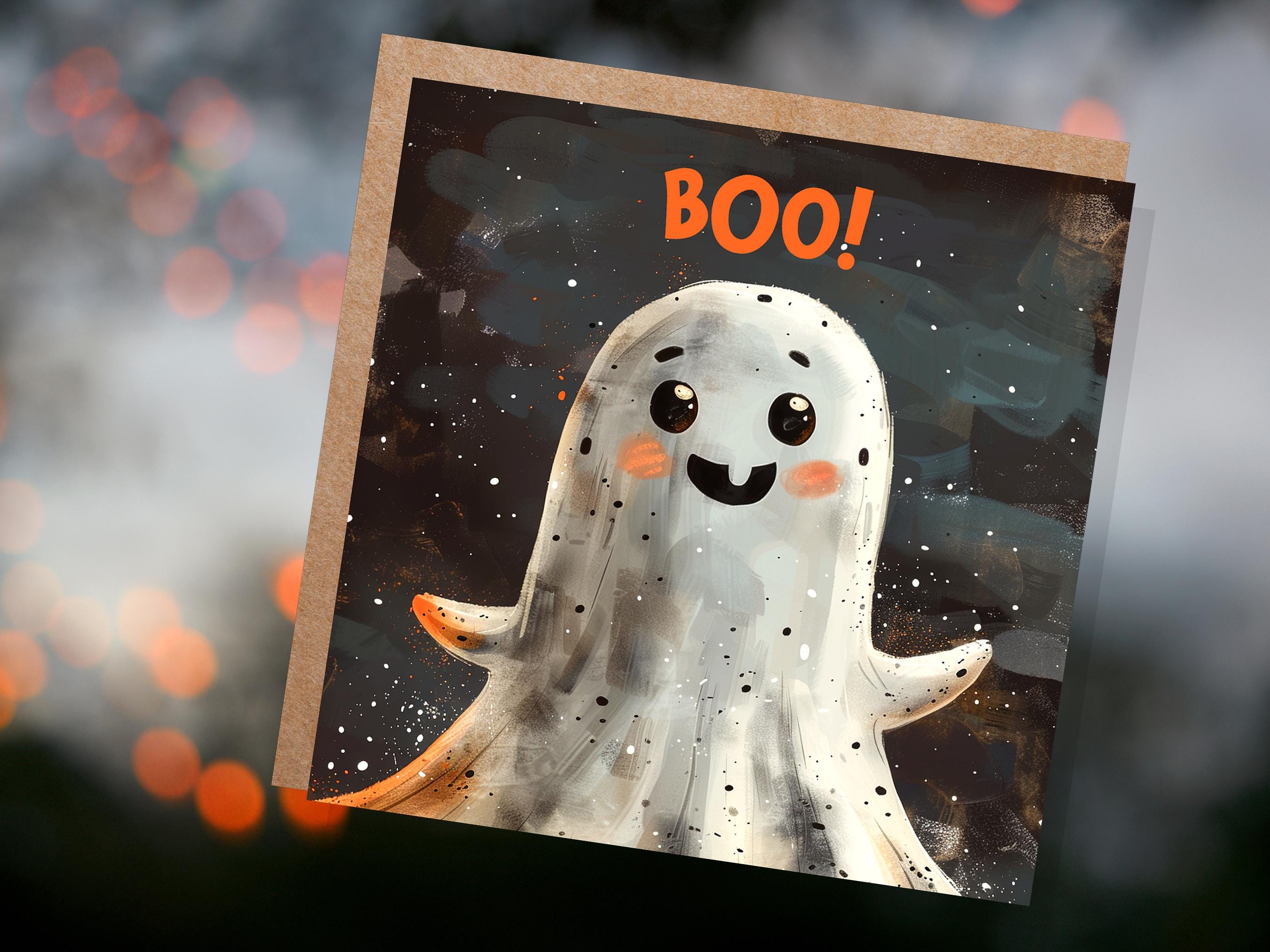 Cute Ghost Halloween Card for Spooky Greetings or Party Invitations Grunge 'Boo!' Design For Family Friends Party Invitations - View 2