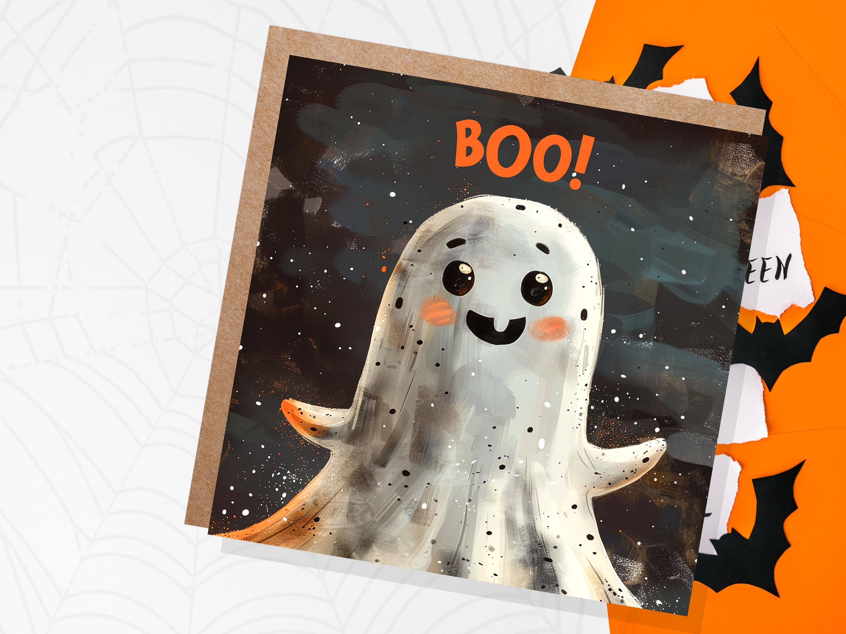 Cute Ghost Halloween Card for Spooky Greetings or Party Invitations Grunge 'Boo!' Design For Family Friends Party Invitations - View 3