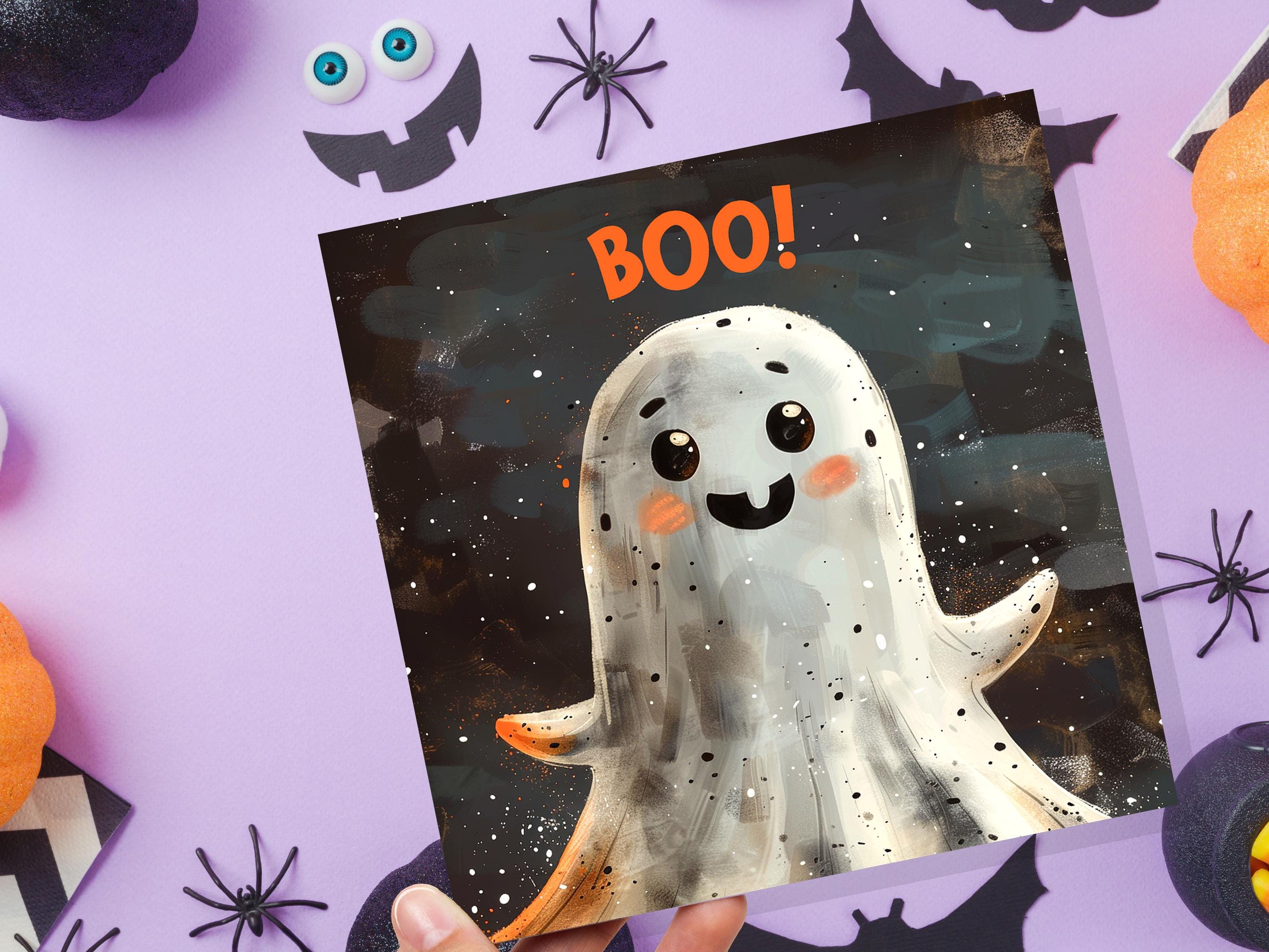 Cute Ghost Halloween Card for Spooky Greetings or Party Invitations Grunge 'Boo!' Design For Family Friends Party Invitations - View 4