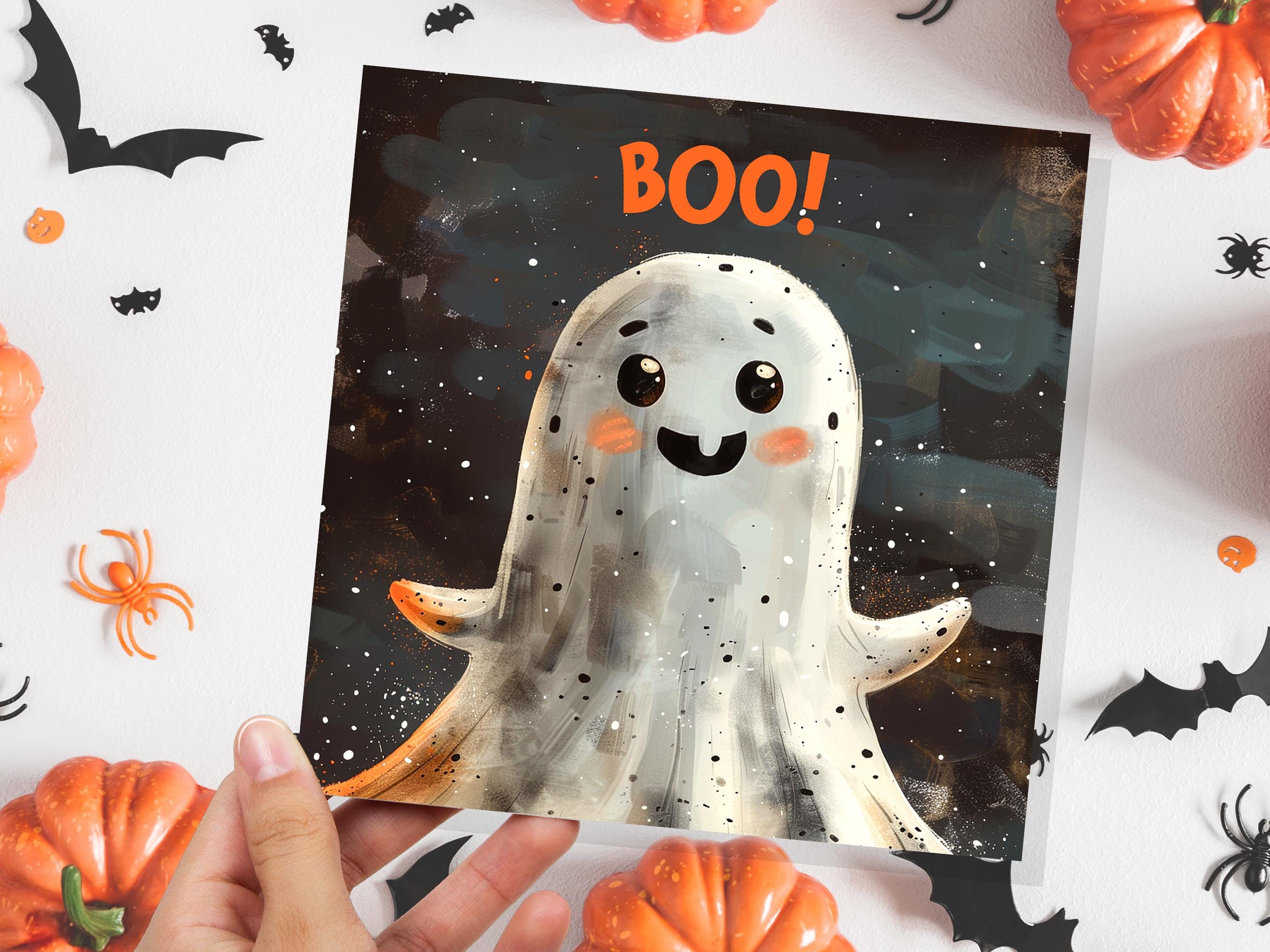 Cute Ghost Halloween Card for Spooky Greetings or Party Invitations Grunge 'Boo!' Design For Family Friends Party Invitations - View 5