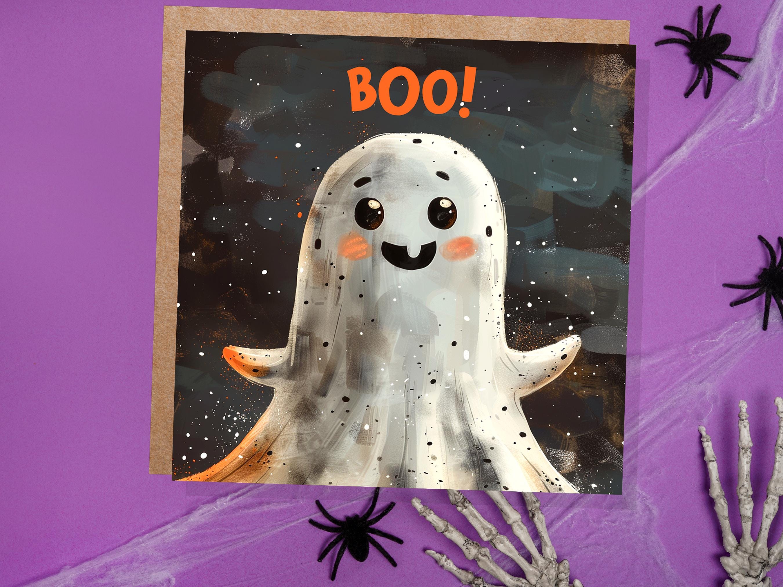 Cute Ghost Halloween Card for Spooky Greetings or Party Invitations Grunge 'Boo!' Design For Family Friends Party Invitations - View 8