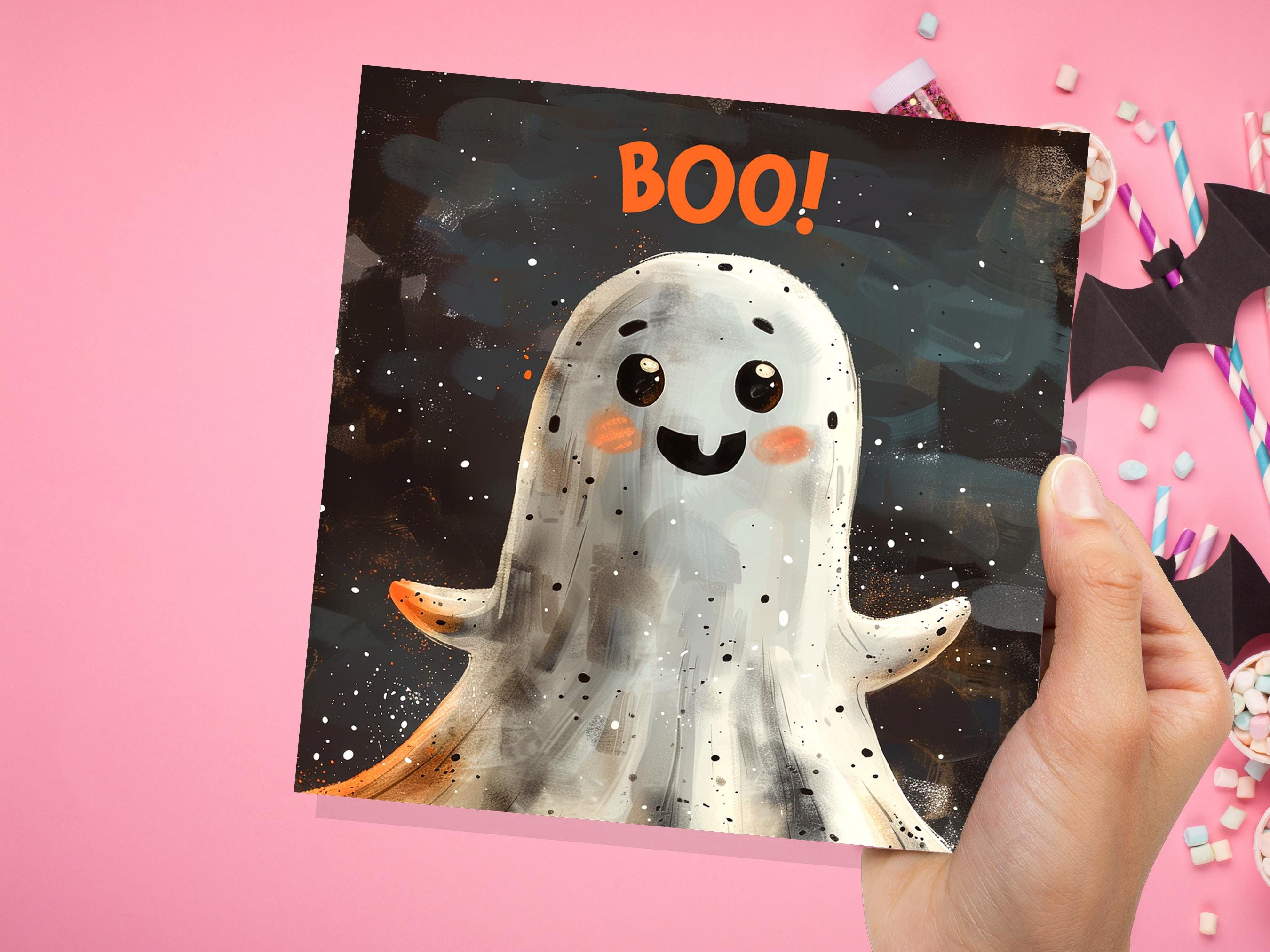 Cute Ghost Halloween Card for Spooky Greetings or Party Invitations Grunge 'Boo!' Design For Family Friends Party Invitations - View 9