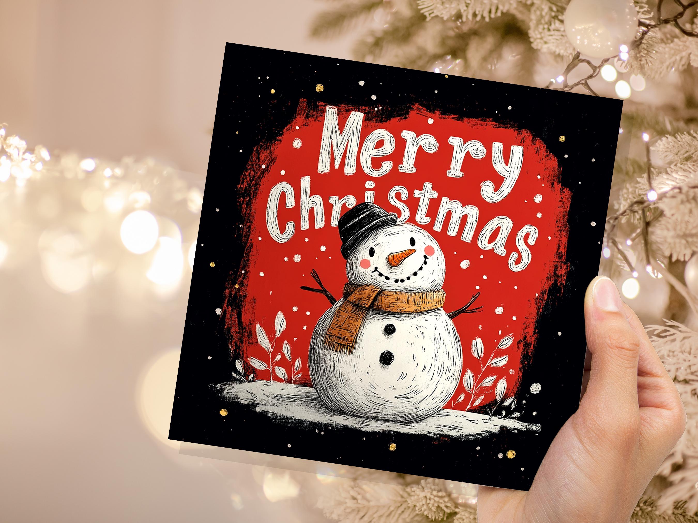 Merry Christmas Lettering Card with Cute Snowman Illustration Festive Red Background Family & Friends Unique Holiday Card New for Xmas 2024