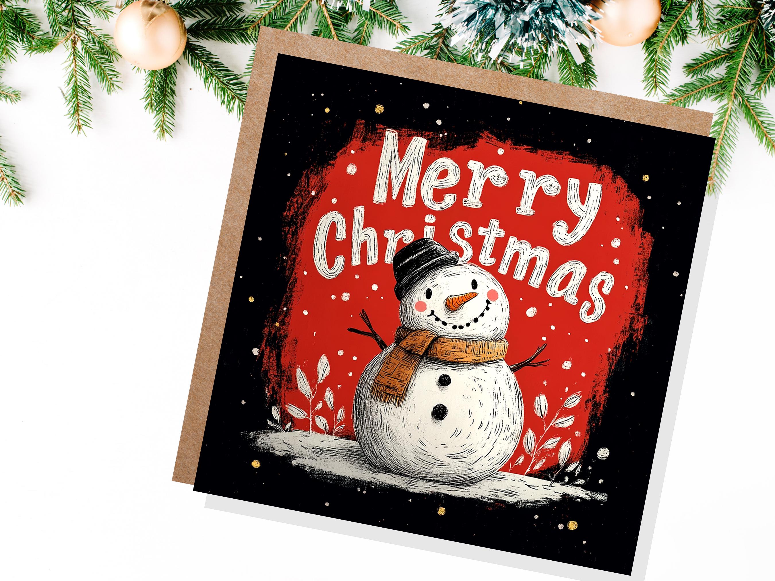 Merry Christmas Lettering Card with Cute Snowman Illustration Festive Red Background Family & Friends Unique Holiday Card New for Xmas 2024 - View 2