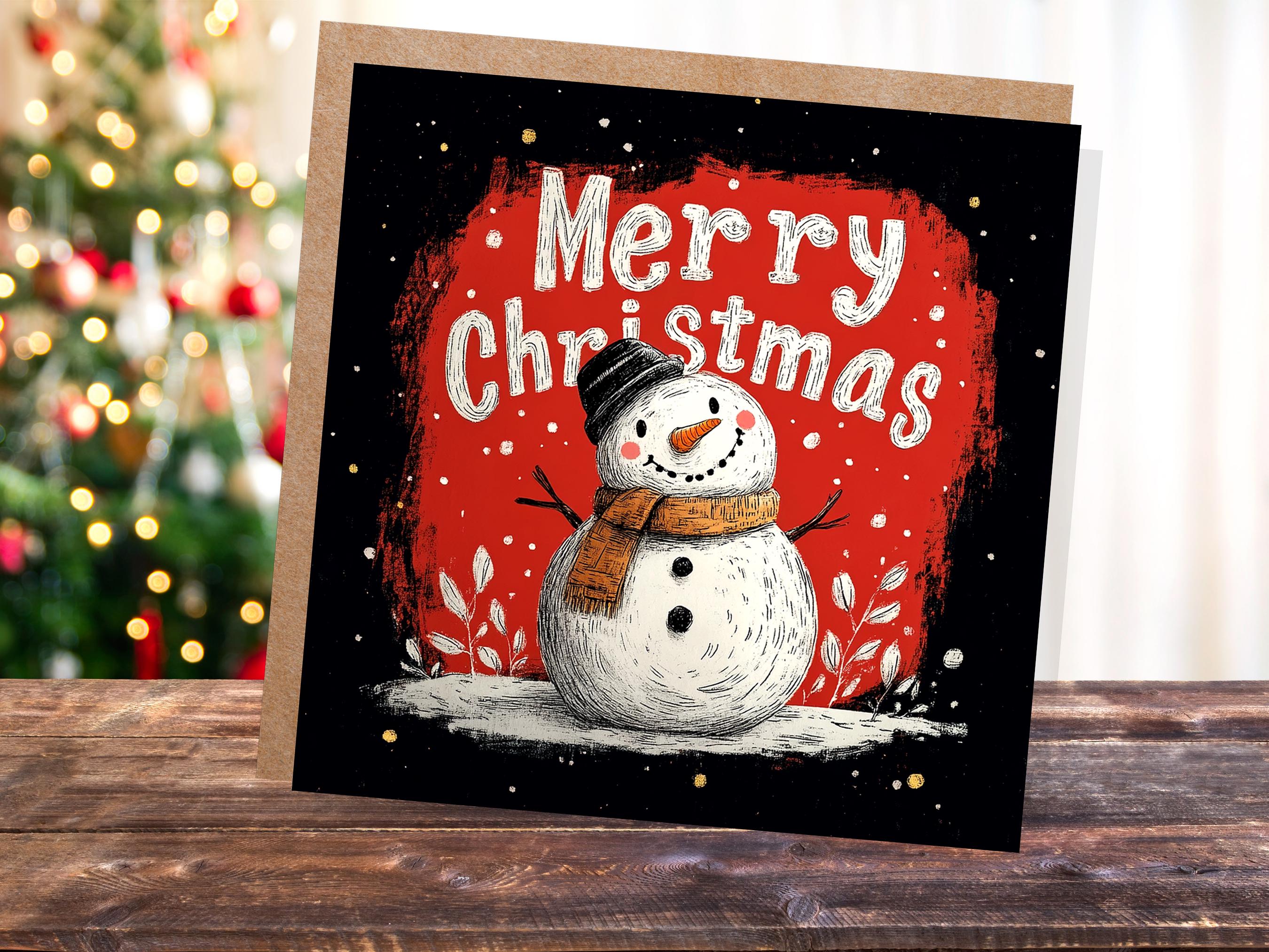 Merry Christmas Lettering Card with Cute Snowman Illustration Festive Red Background Family & Friends Unique Holiday Card New for Xmas 2024 - View 4