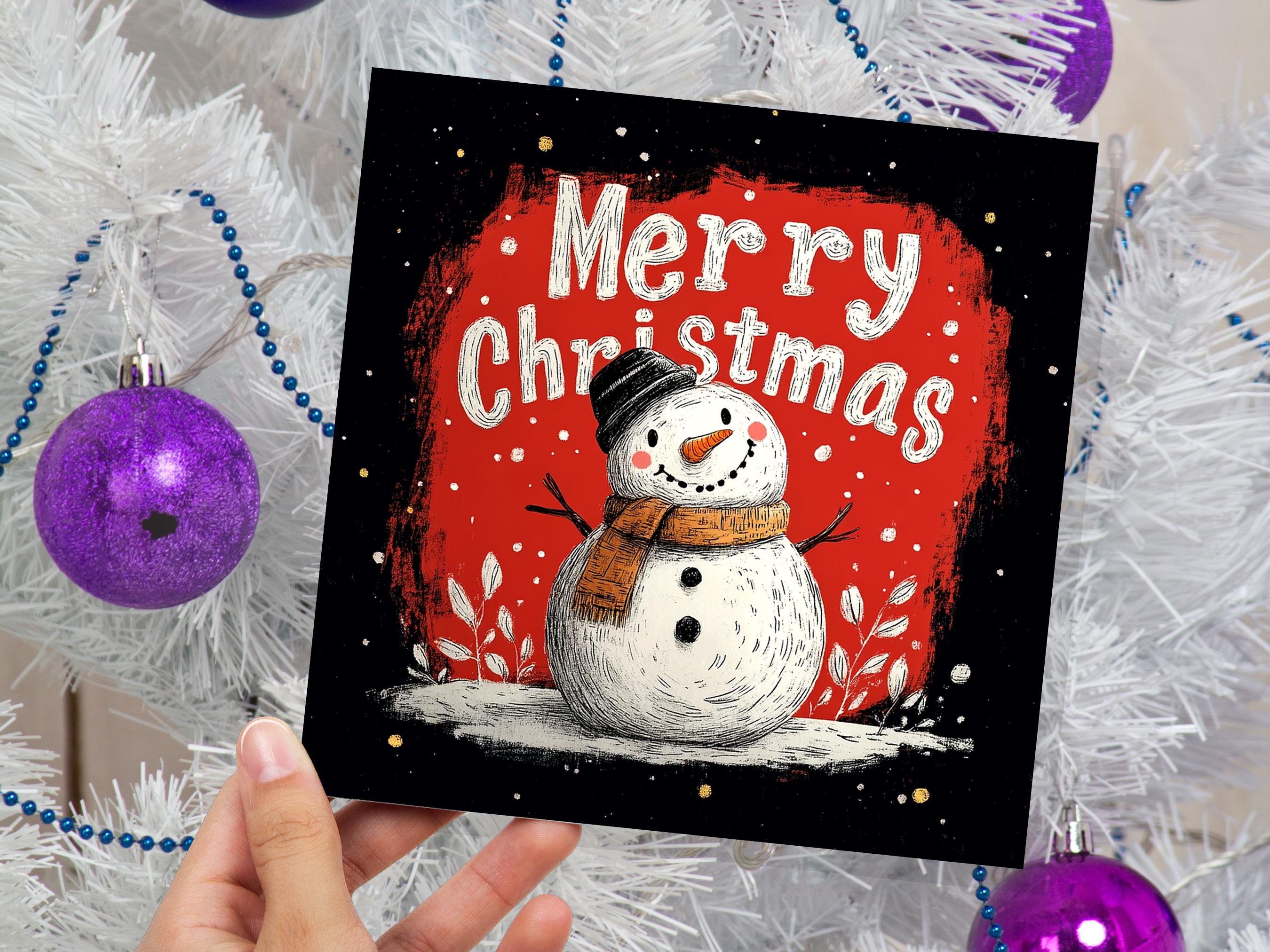 Merry Christmas Lettering Card with Cute Snowman Illustration Festive Red Background Family & Friends Unique Holiday Card New for Xmas 2024 - View 5