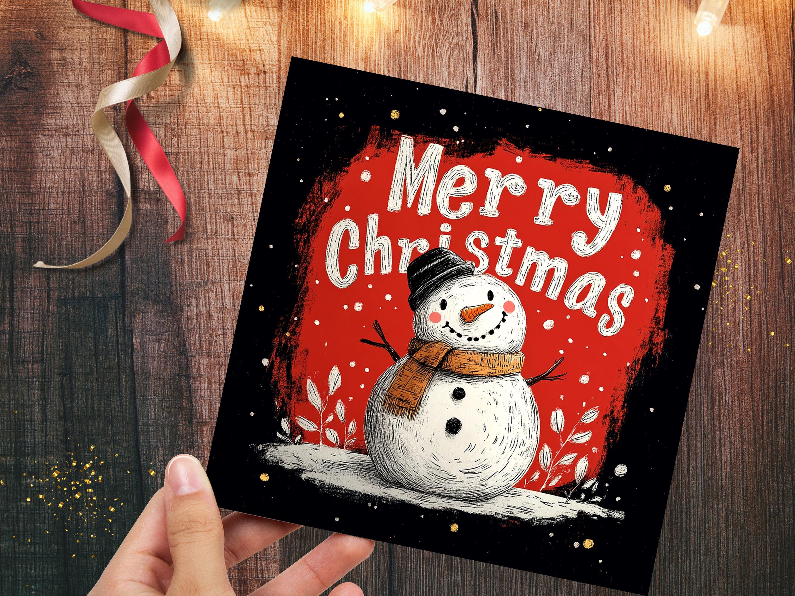 Merry Christmas Lettering Card with Cute Snowman Illustration Festive Red Background Family & Friends Unique Holiday Card New for Xmas 2024 - View 6