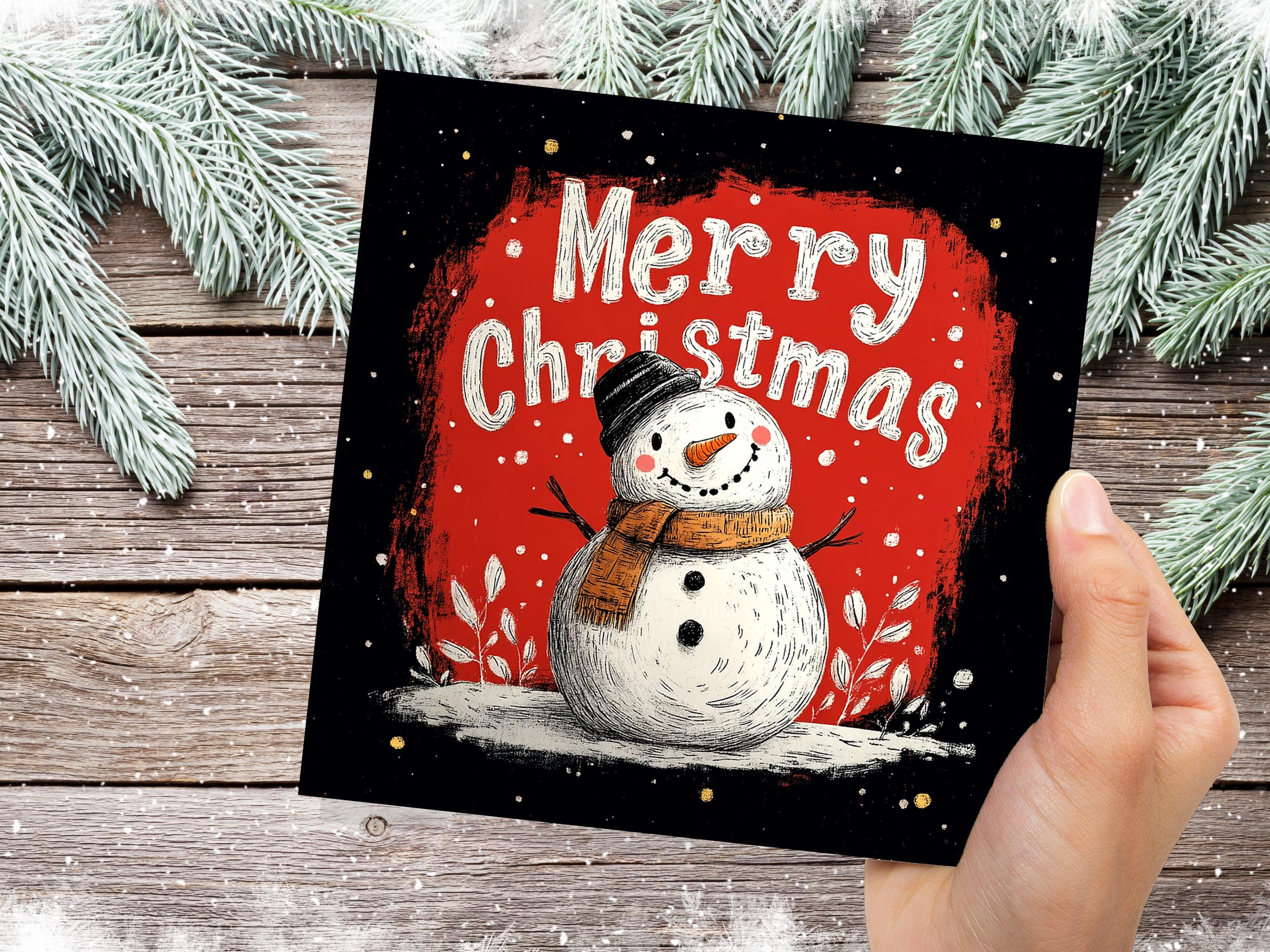 Merry Christmas Lettering Card with Cute Snowman Illustration Festive Red Background Family & Friends Unique Holiday Card New for Xmas 2024 - View 7