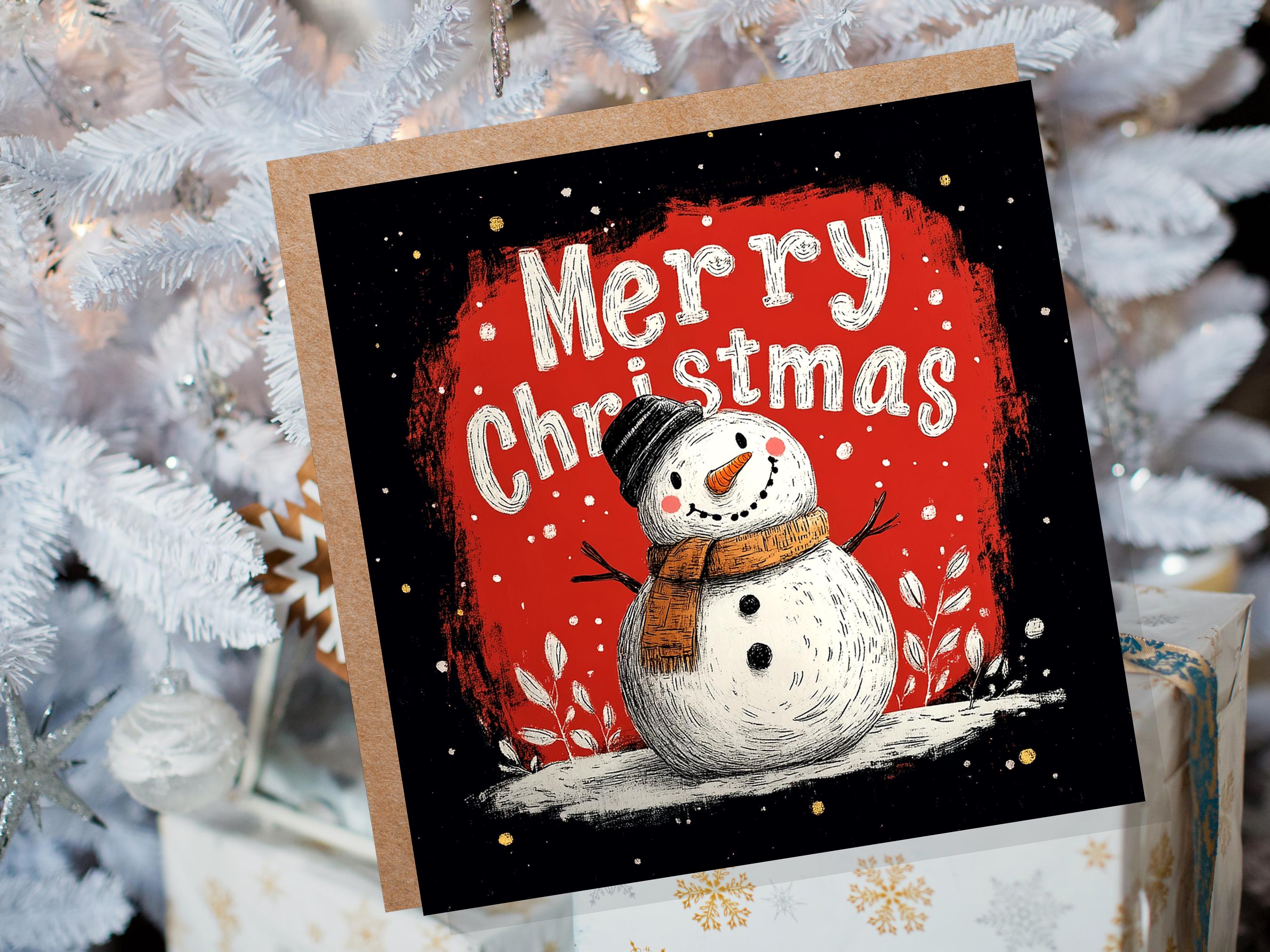 Merry Christmas Lettering Card with Cute Snowman Illustration Festive Red Background Family & Friends Unique Holiday Card New for Xmas 2024 - View 8