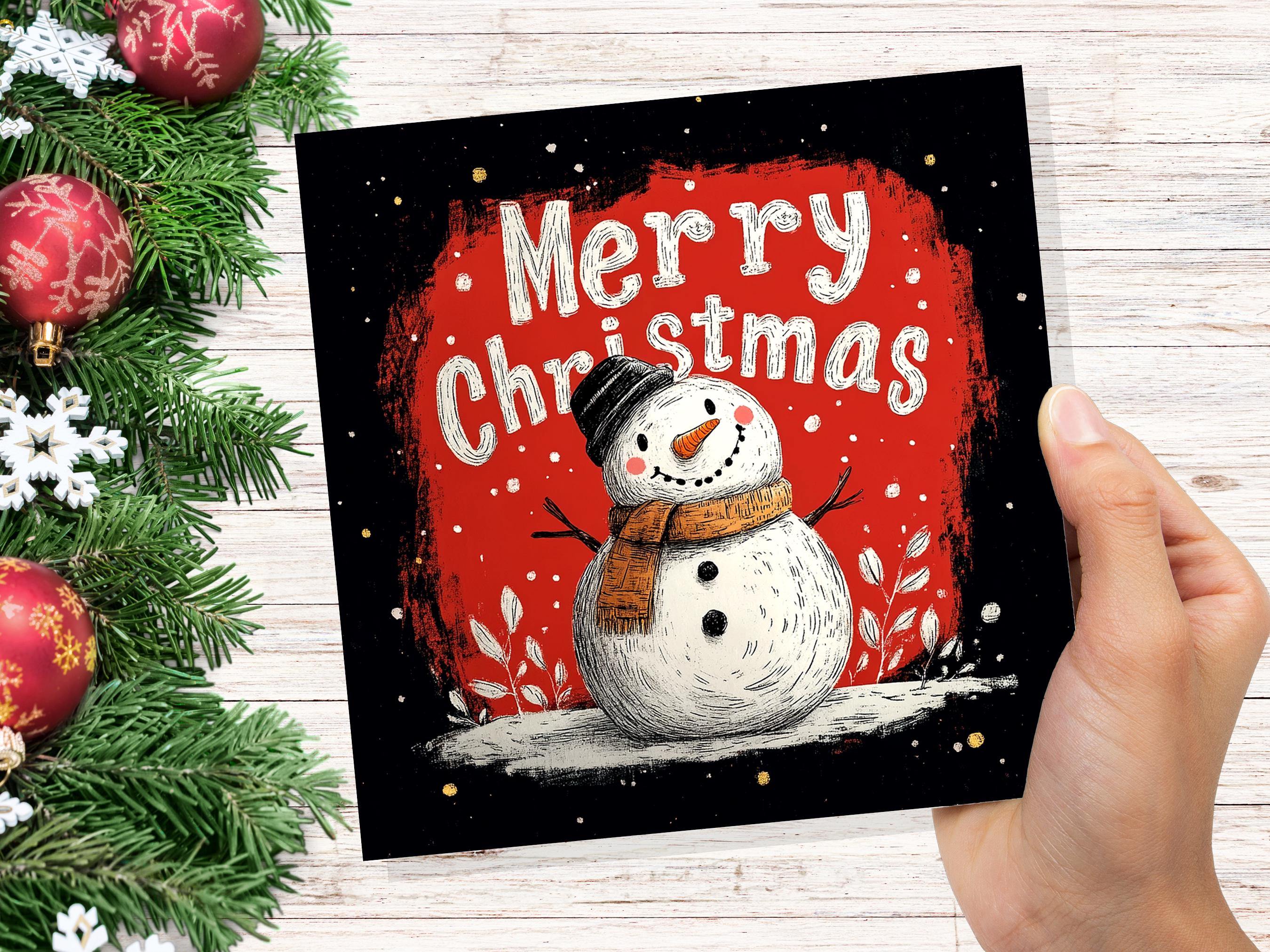 Merry Christmas Lettering Card with Cute Snowman Illustration Festive Red Background Family & Friends Unique Holiday Card New for Xmas 2024 - View 9