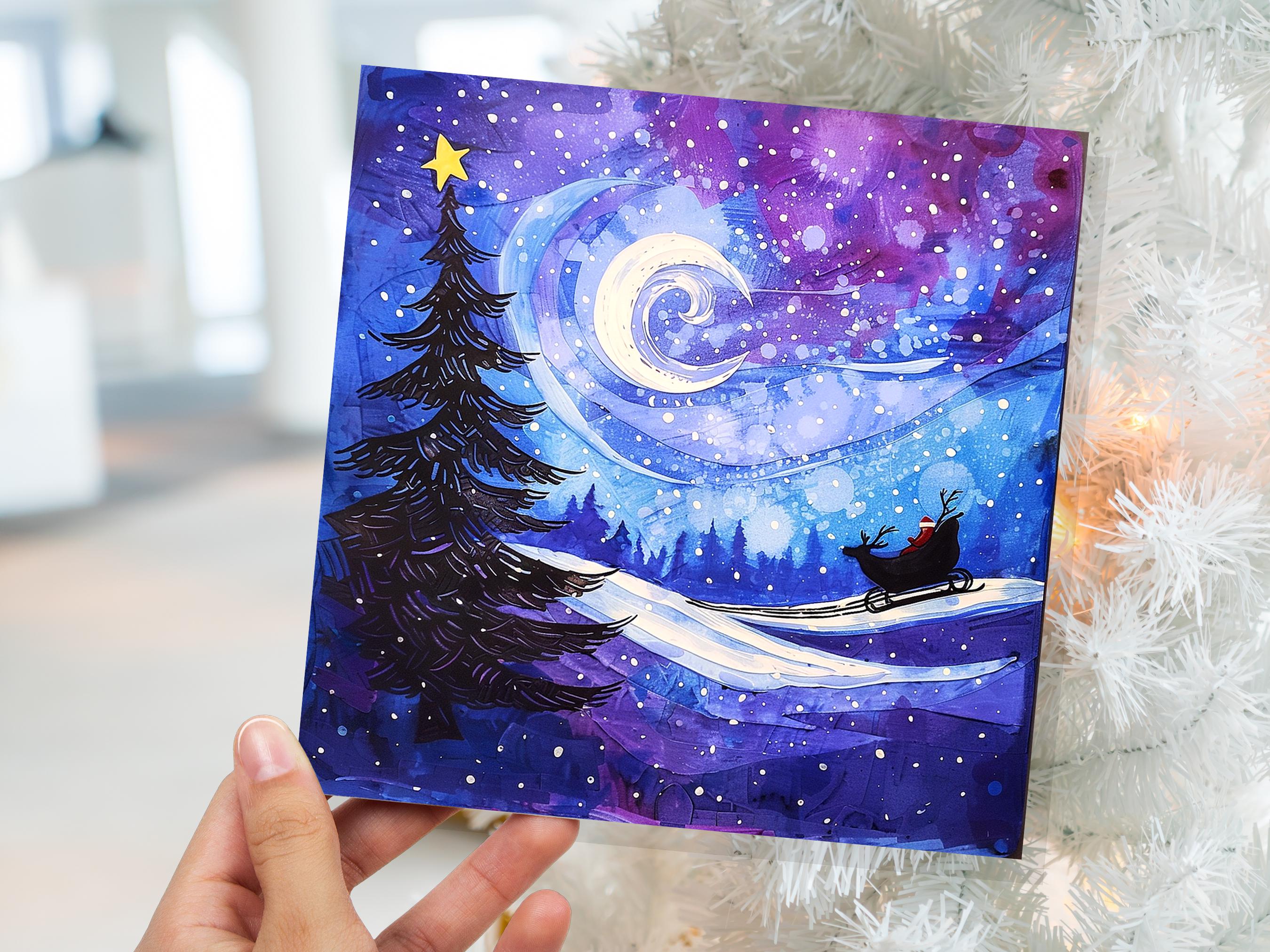 Purple Winter Night Snow Scene Greeting Card with Santa's Sleigh Starry Sky Christmas Tree Crescent Moon Family Friends New for Xmas 2024