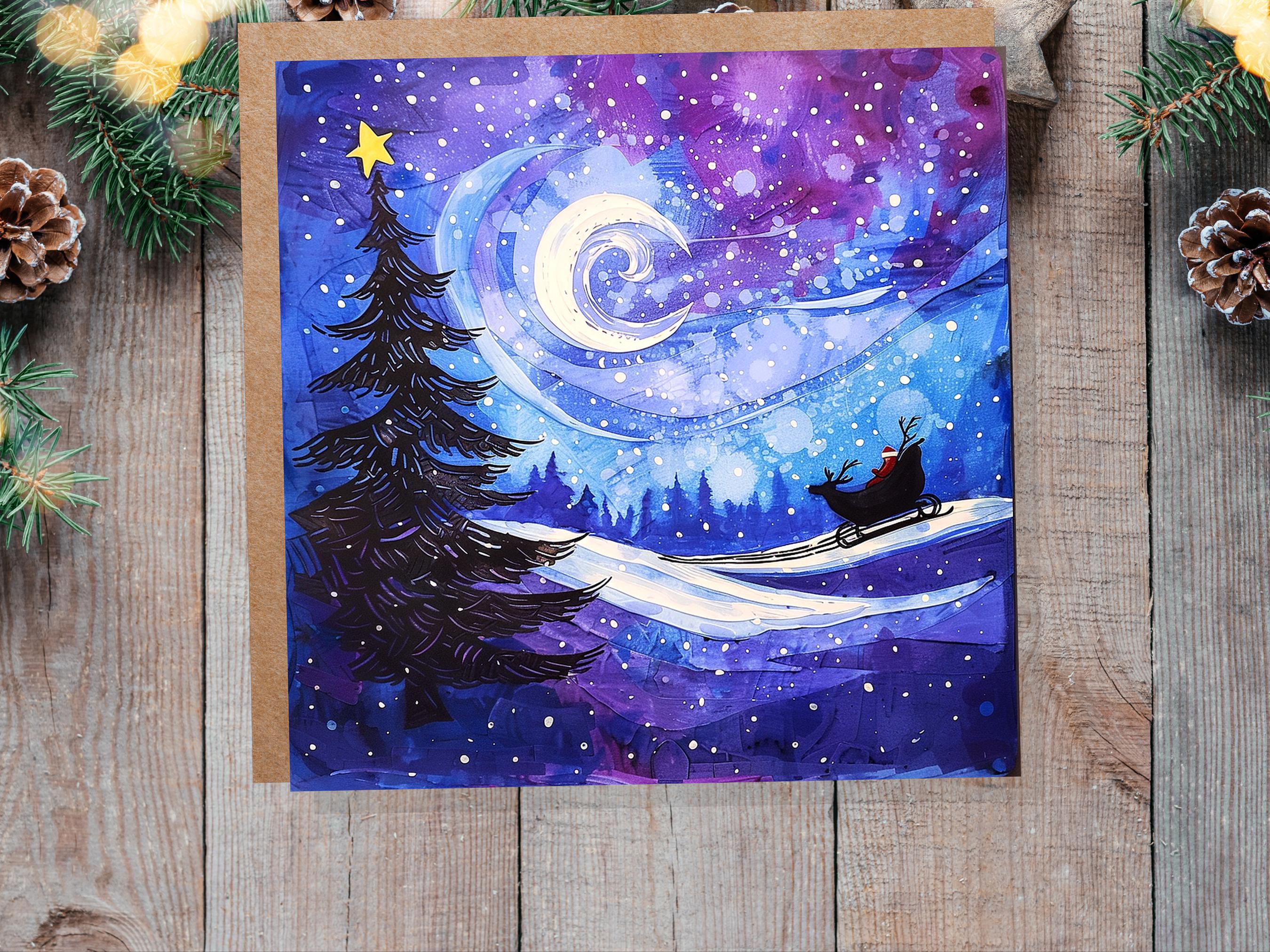 Purple Winter Night Snow Scene Greeting Card with Santa's Sleigh Starry Sky Christmas Tree Crescent Moon Family Friends New for Xmas 2024 - View 2