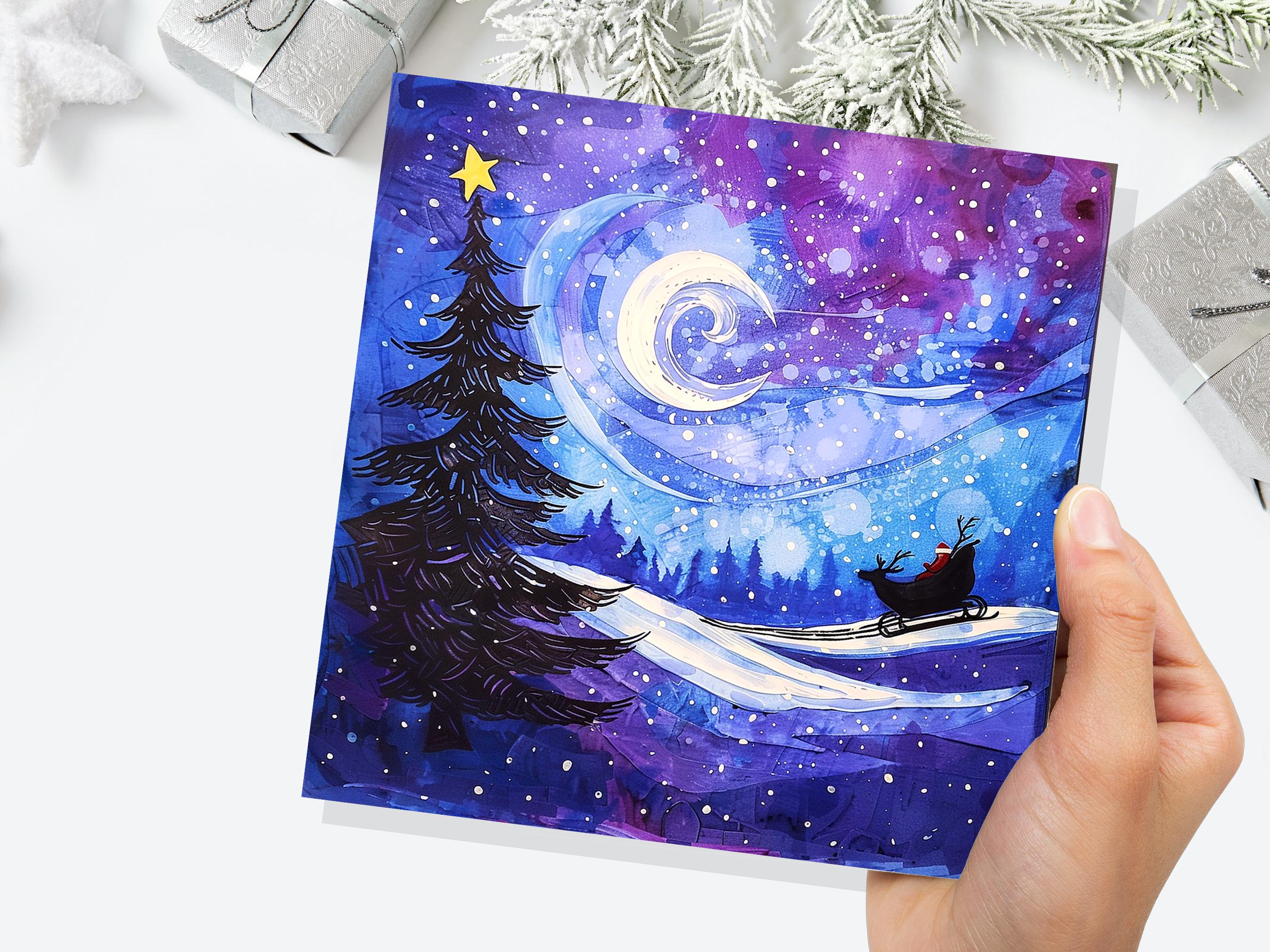 Purple Winter Night Snow Scene Greeting Card with Santa's Sleigh Starry Sky Christmas Tree Crescent Moon Family Friends New for Xmas 2024 - View 3