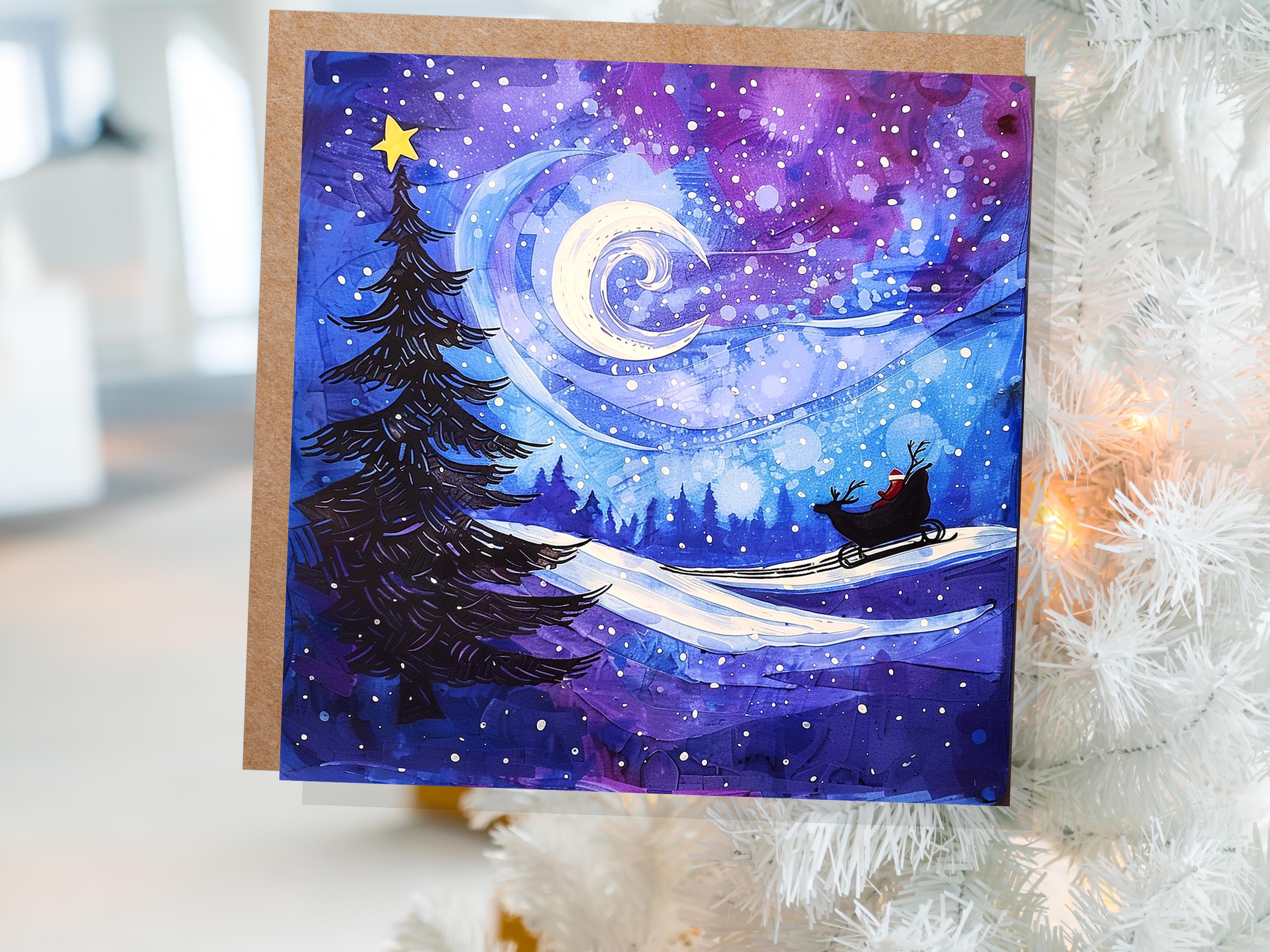 Purple Winter Night Snow Scene Greeting Card with Santa's Sleigh Starry Sky Christmas Tree Crescent Moon Family Friends New for Xmas 2024 - View 4